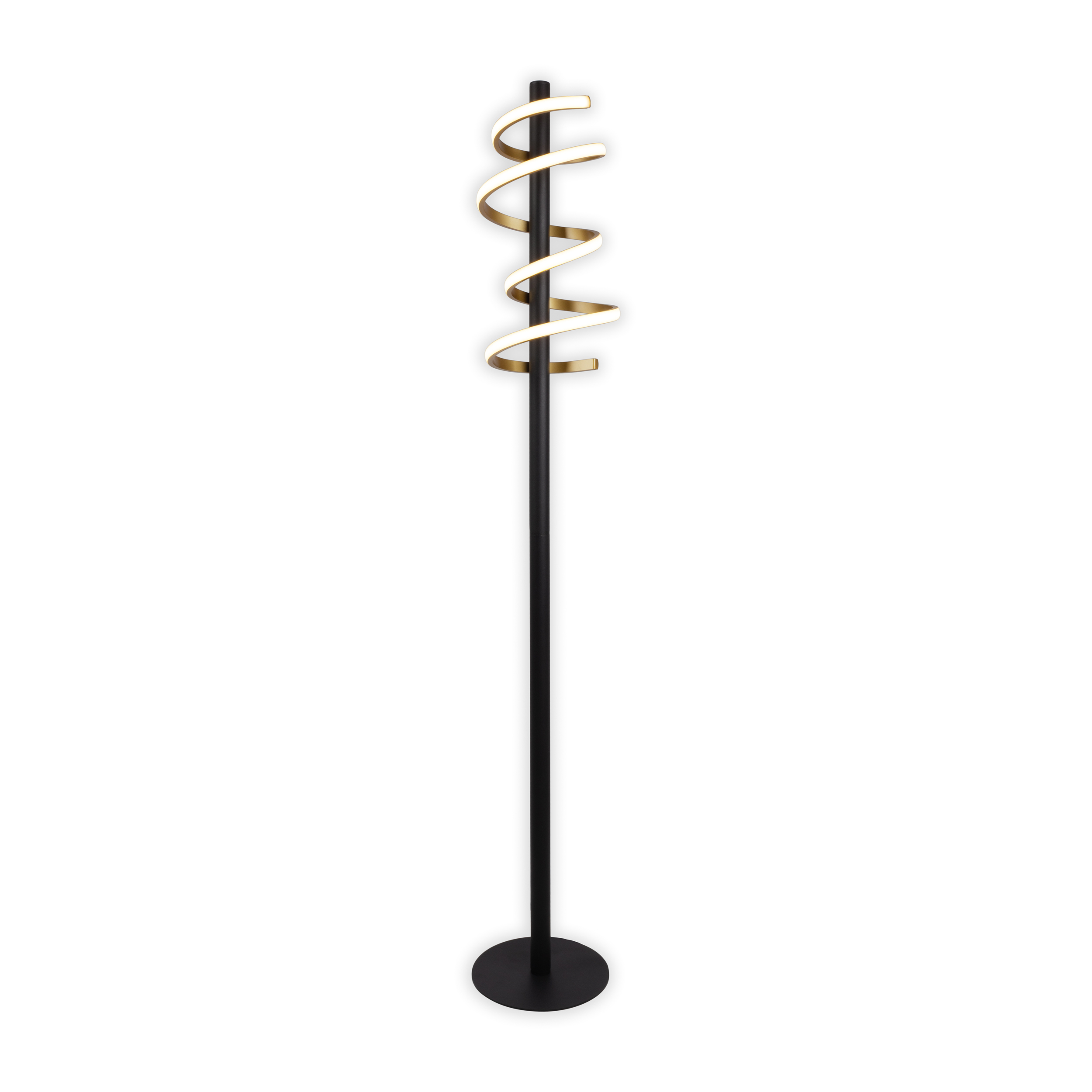 Eine schwarz-goldene Stehlampe mit Spiraldesign, stehend auf weißem Hintergrund.