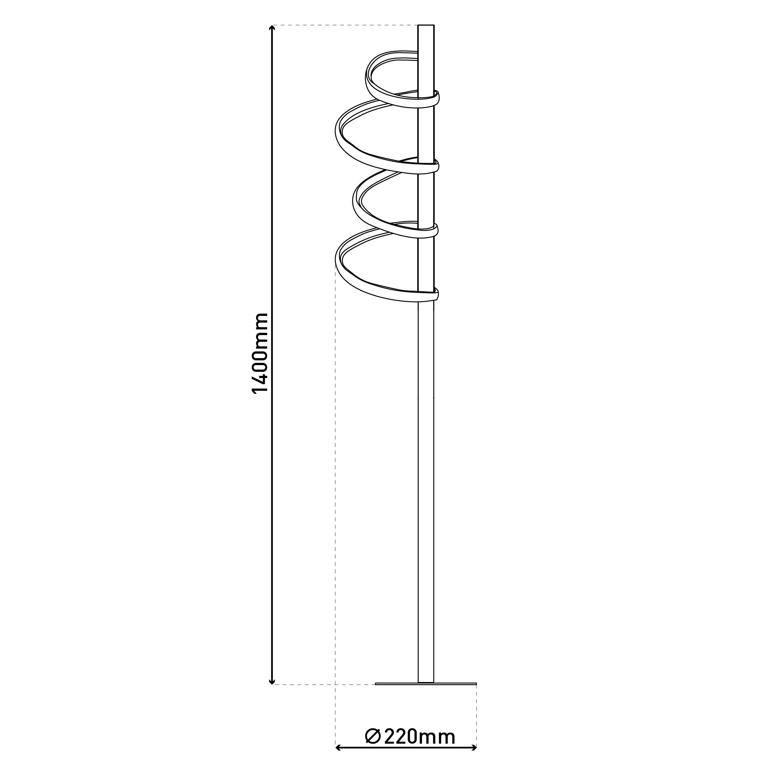Diagramm einer Leuchte mit einem vertikalen Pfosten mit einem spiralförmigen Ringdesign, Maße markiert.