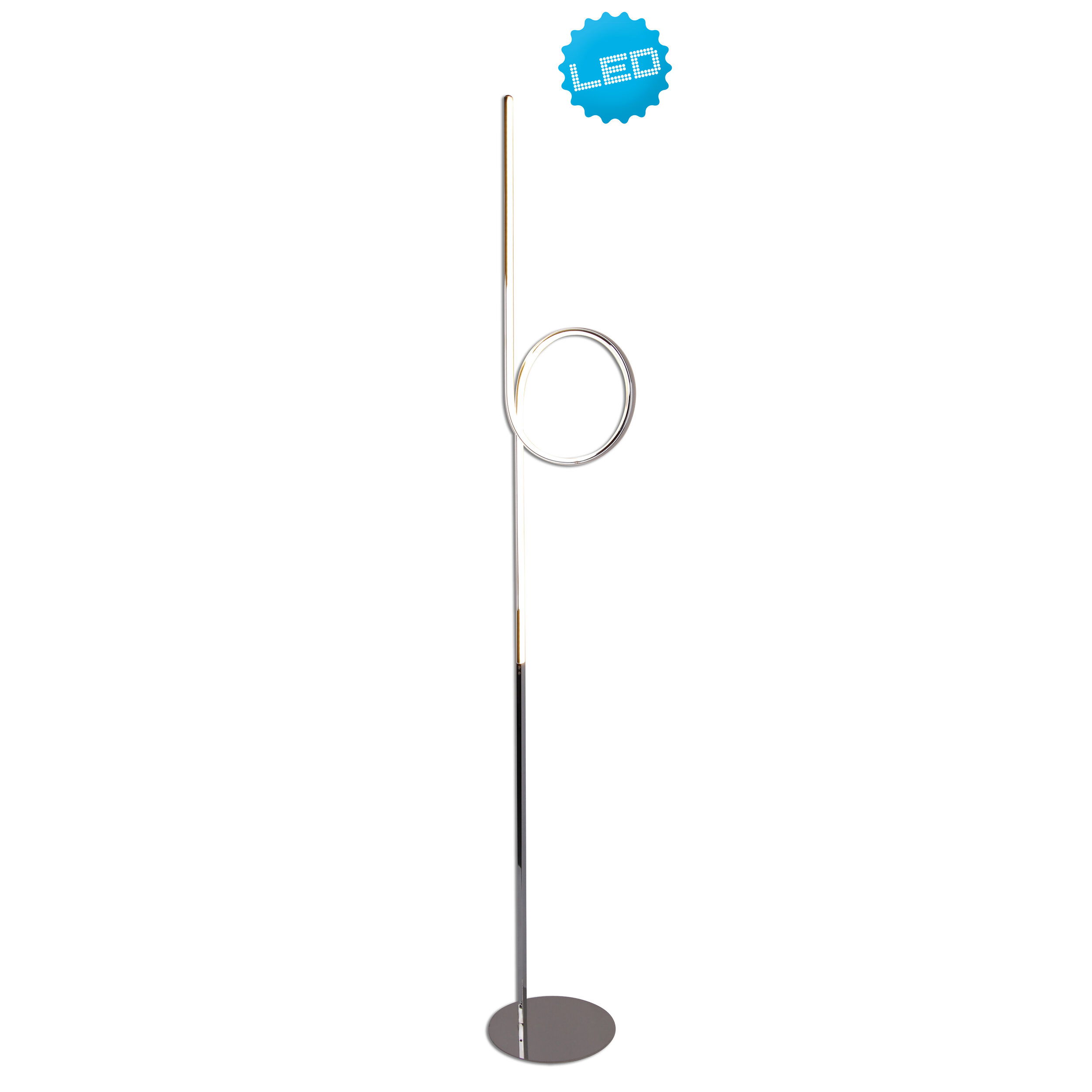Eine hohe, silberne LED-Stehlampe mit geschwungenem Design und einem blauen LED-Aufkleber.