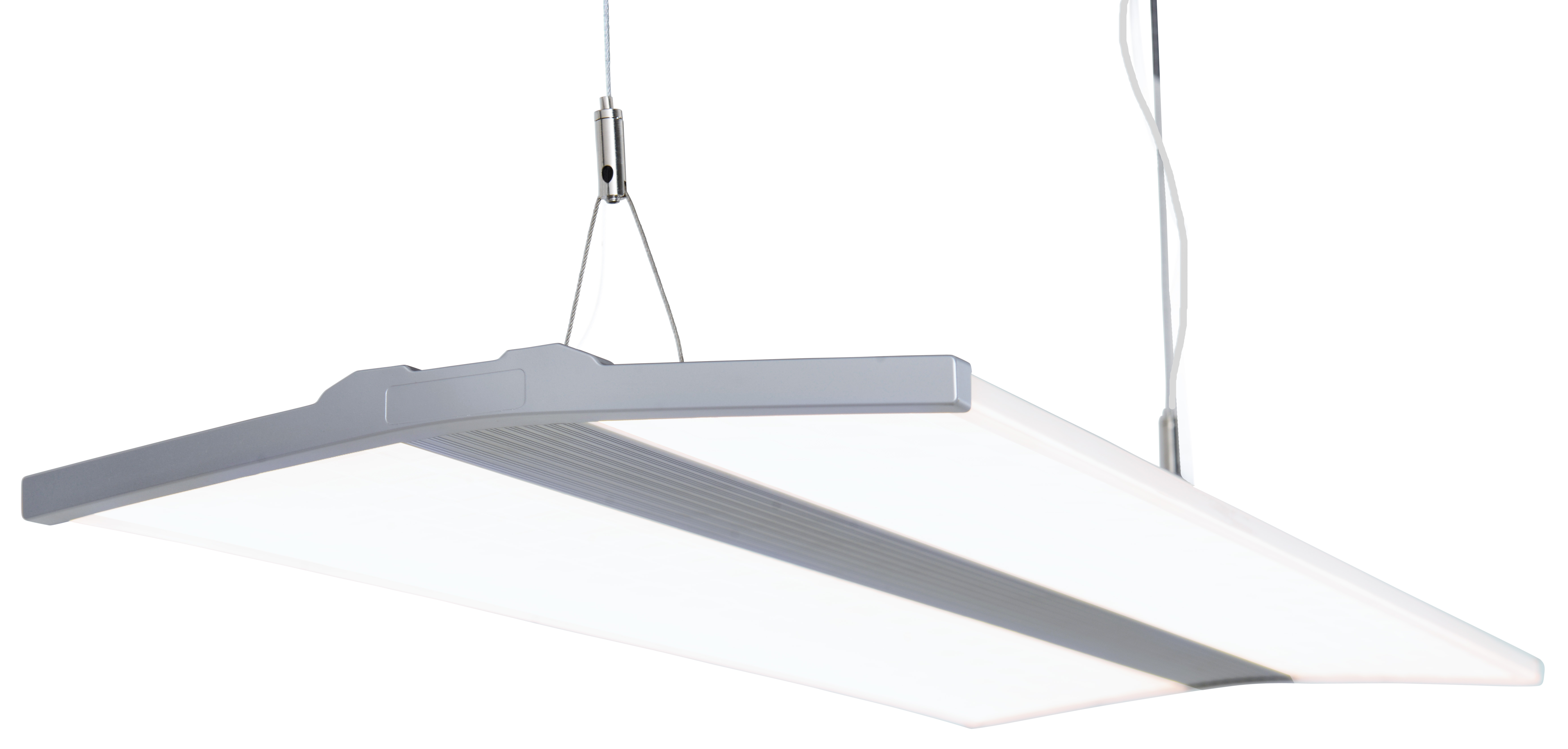 Hängende rechteckige Panelleuchte, silberner Rahmen, helles weißes Licht, sauberes Design.