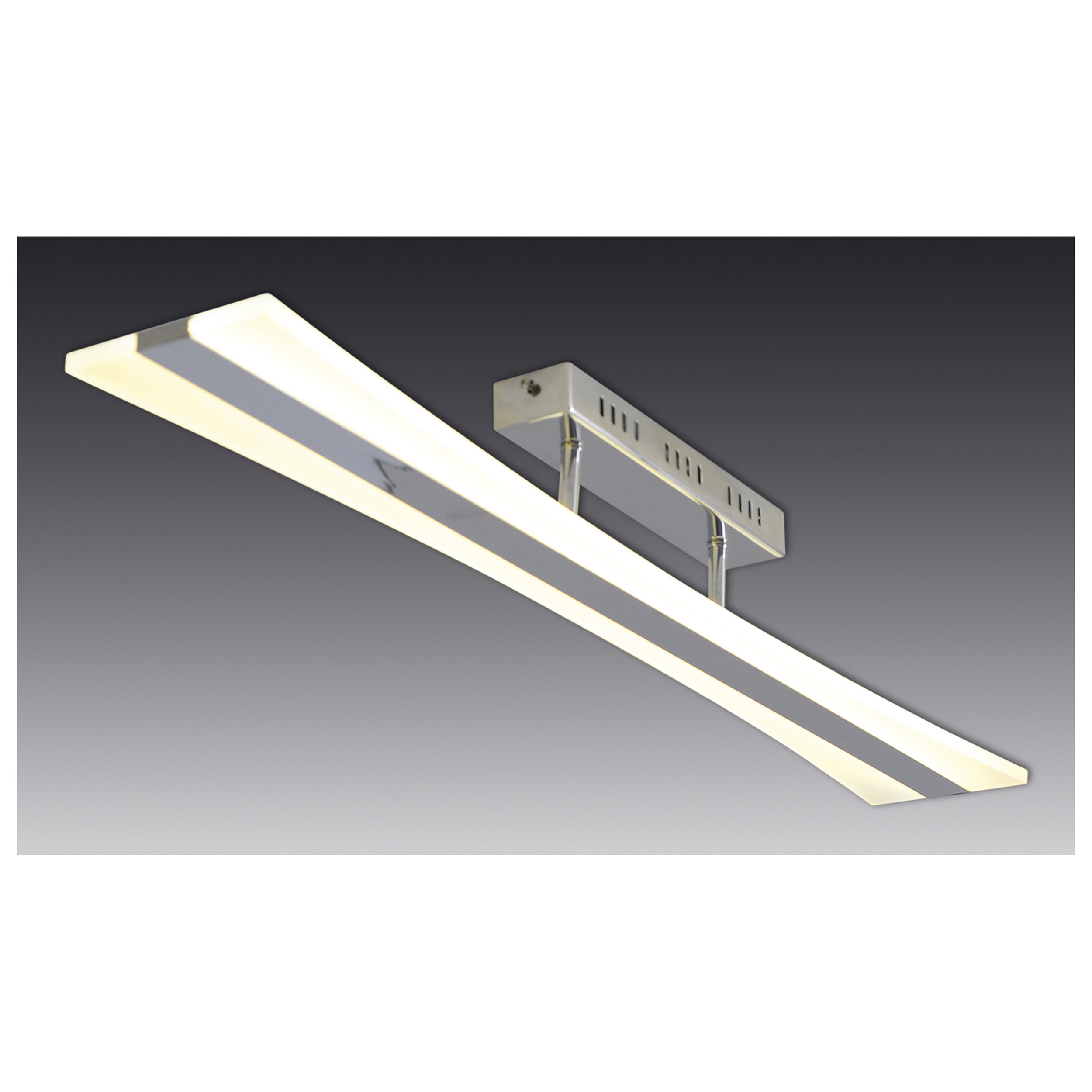 Weiße und graue rechteckige LED-Lampe mit Metallfuß, Blick von unten.