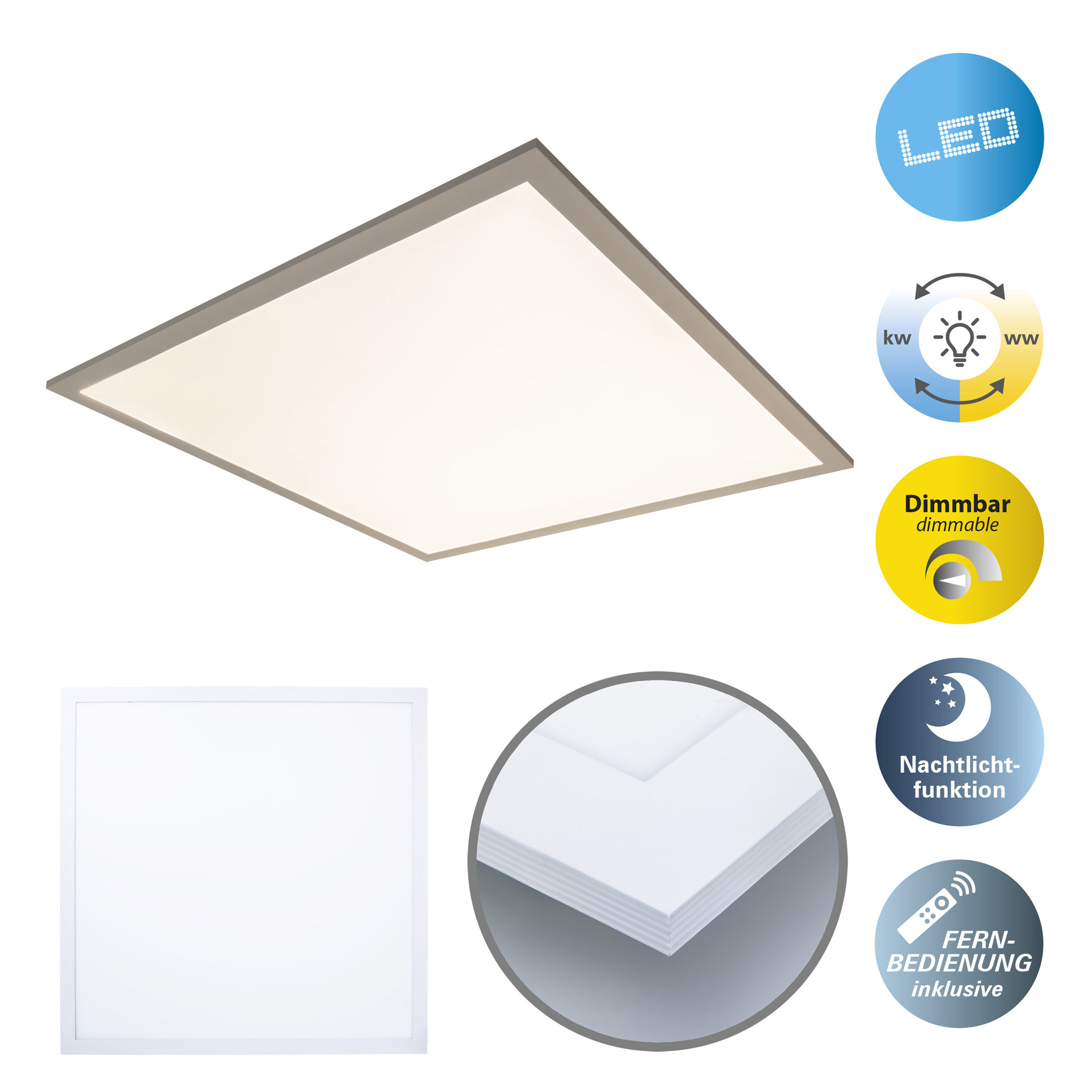 Quadratische LED-Deckenleuchte, weißer Rahmen, mit Funktionssymbolen. Zusätzliche Bilder zeigen Details.