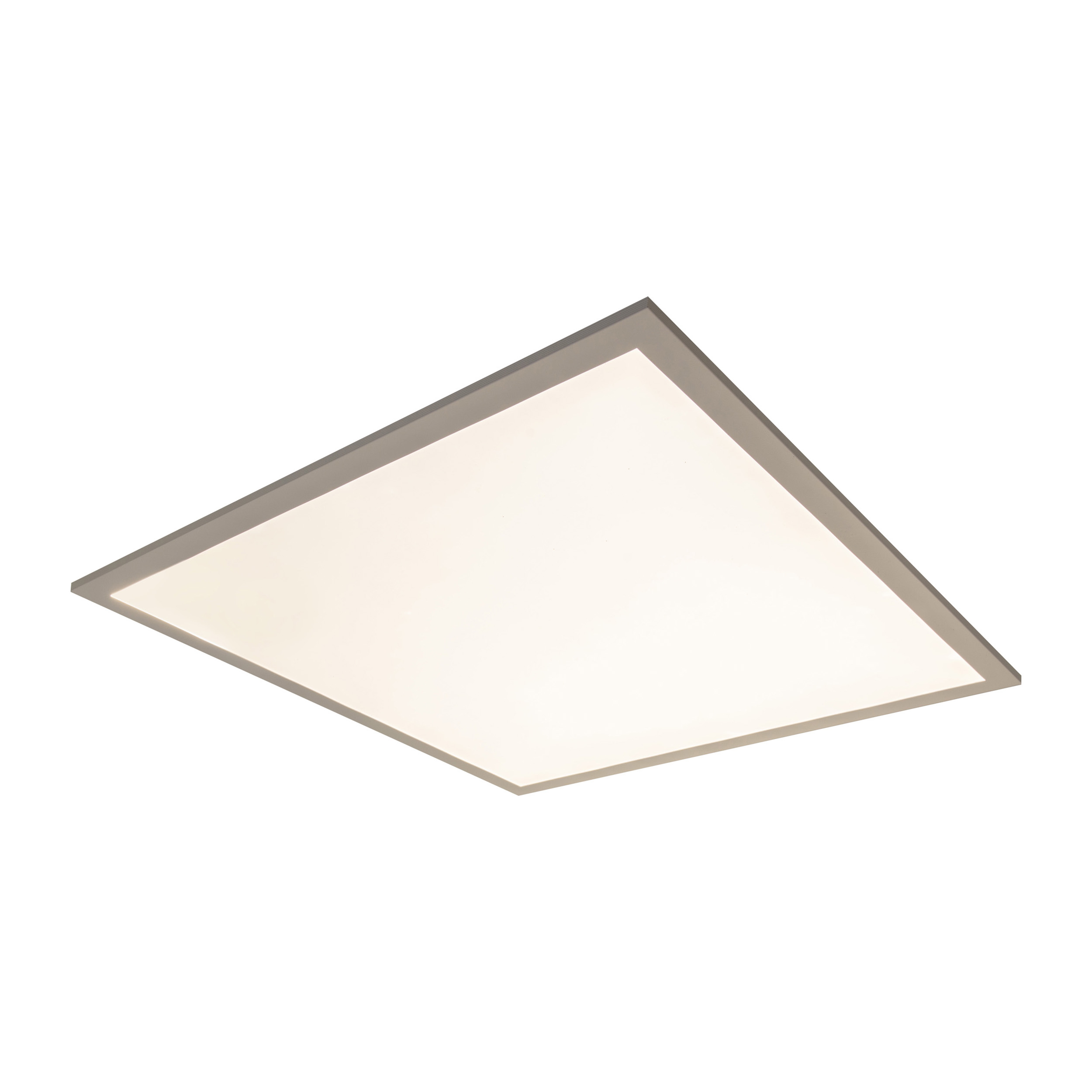 Ein quadratisches LED-Panel-Licht, das weißes Licht aussendet, vor einem weißen Hintergrund.