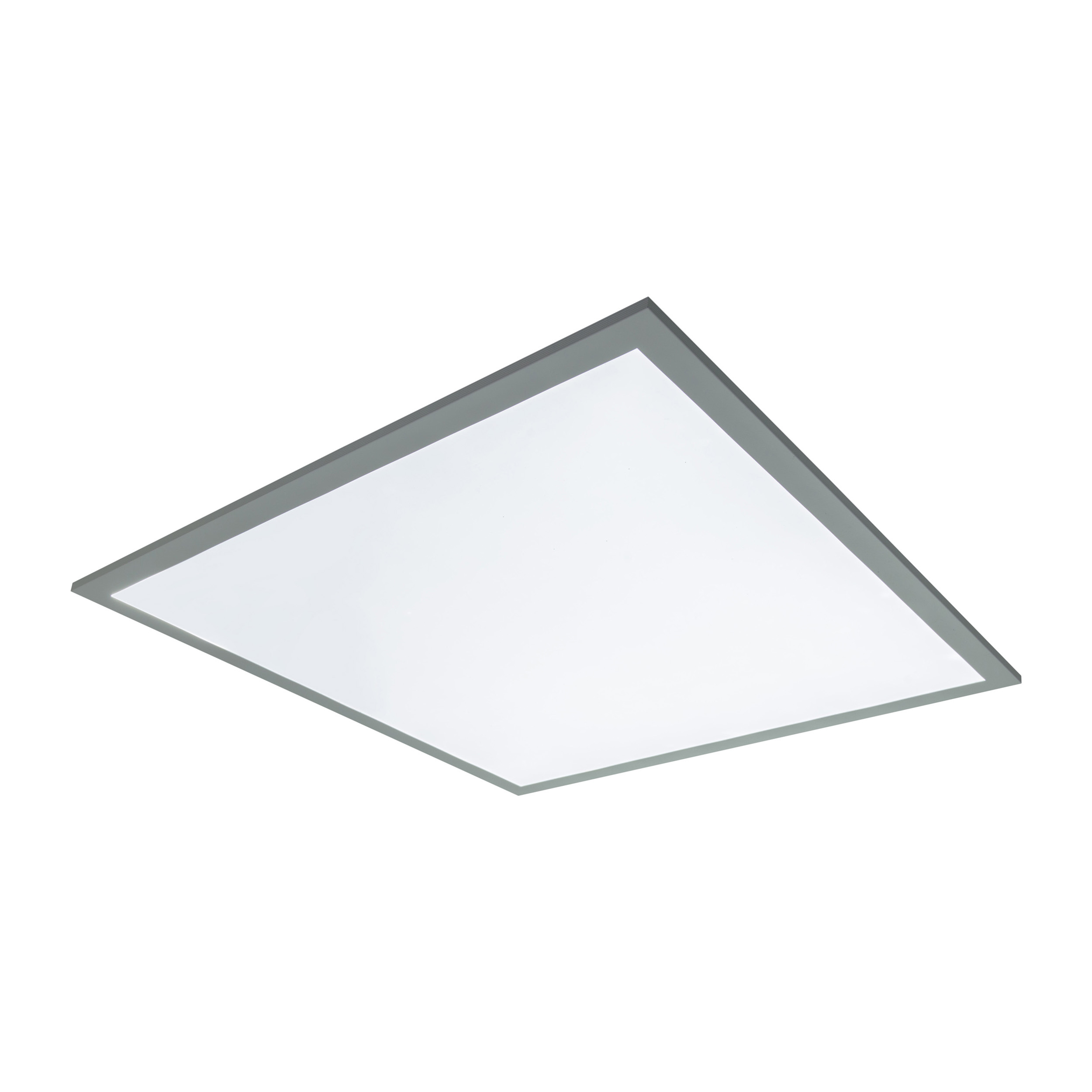 Weiße LED-Deckenleuchte mit grauem Rahmen, schräge Ansicht.