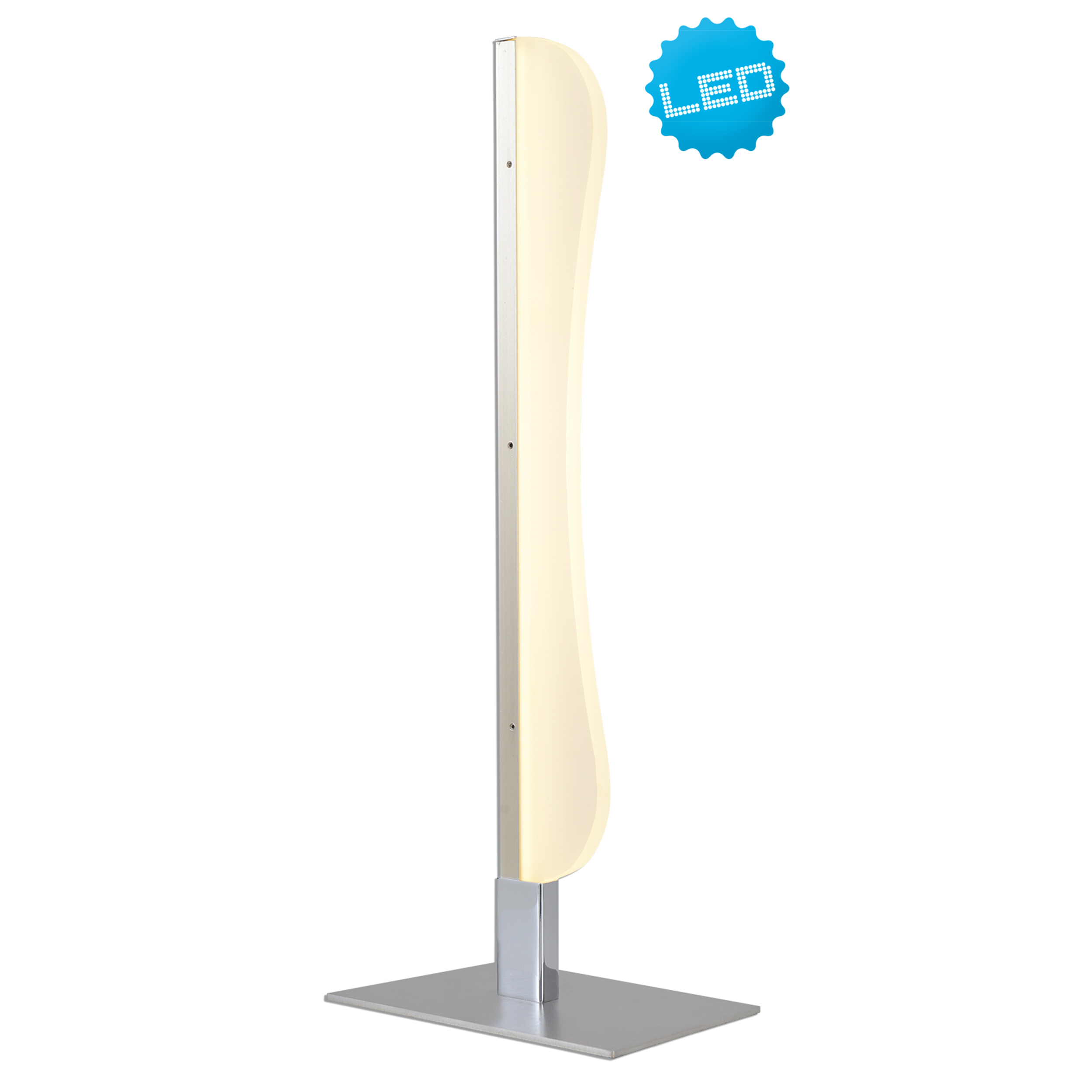 Hohe, moderne LED-Stehleuchte. Silberner Sockel mit gebogenem, weißem Lichtpaneel.