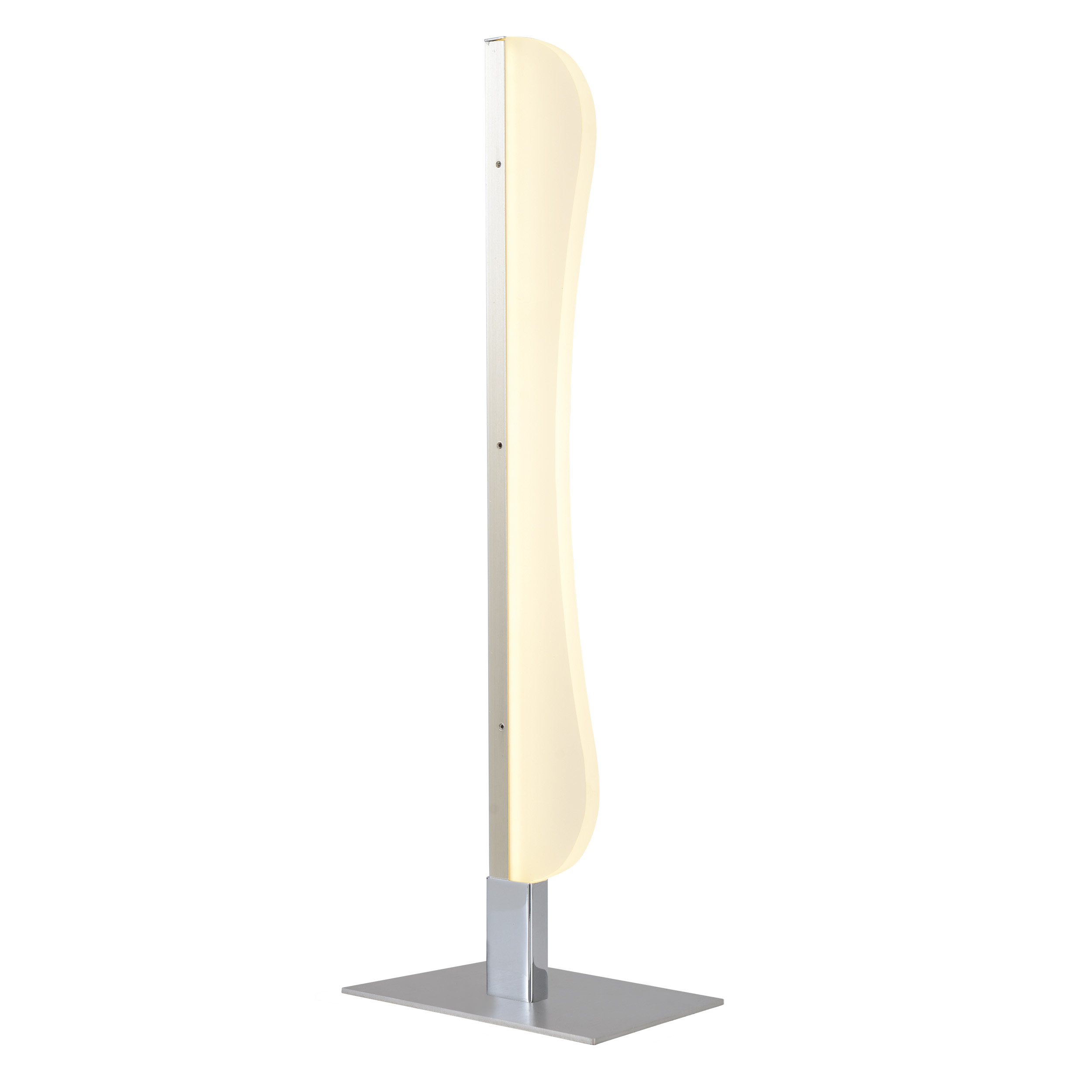 Hohe, moderne Stehlampe mit einer geschwungenen, cremeweißen Lichtplatte. Der Sockel ist ein silbernes Quadrat.