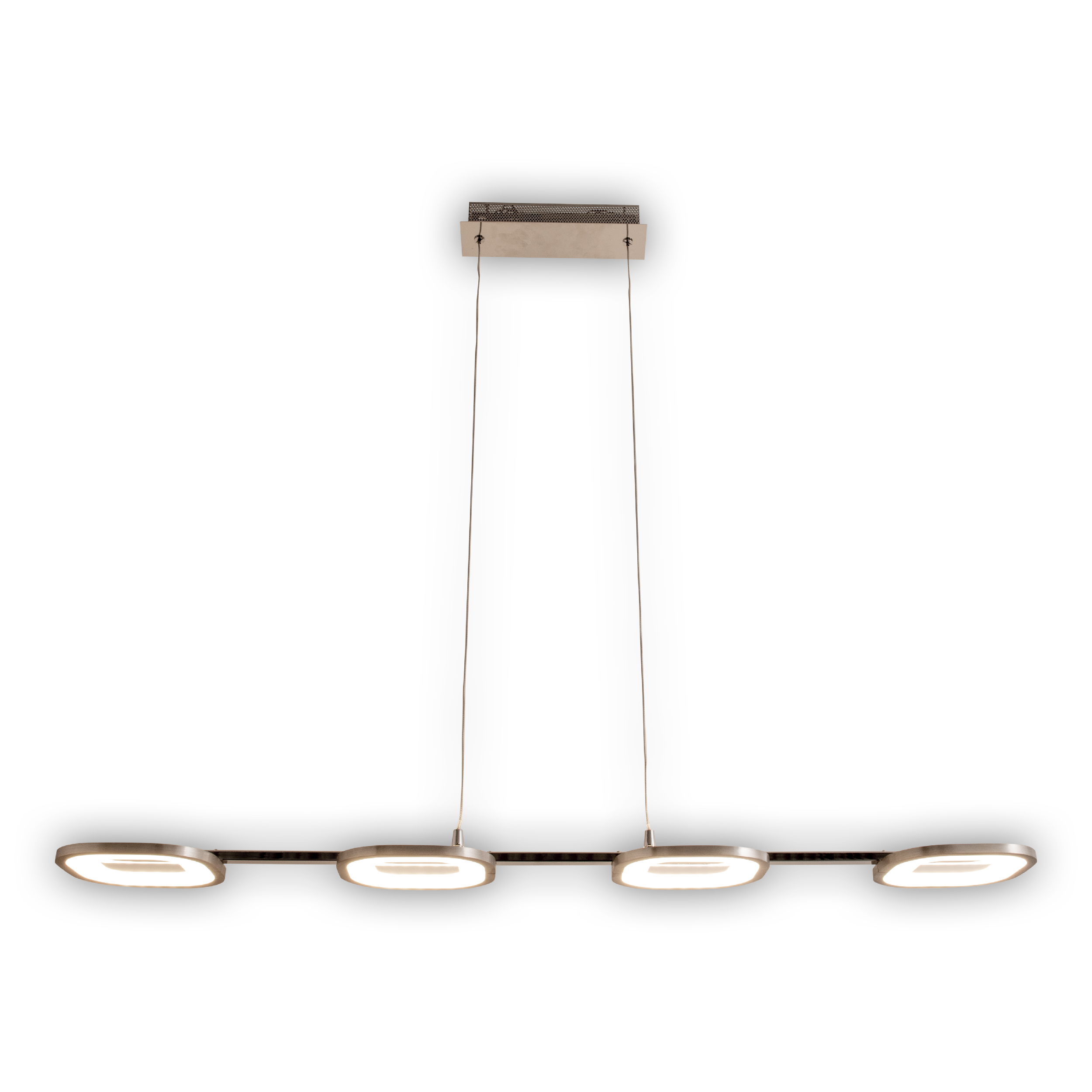 Moderne lineare Pendelleuchte mit vier LED-Leuchten, die von der Decke hängen. Minimalistisches Design.