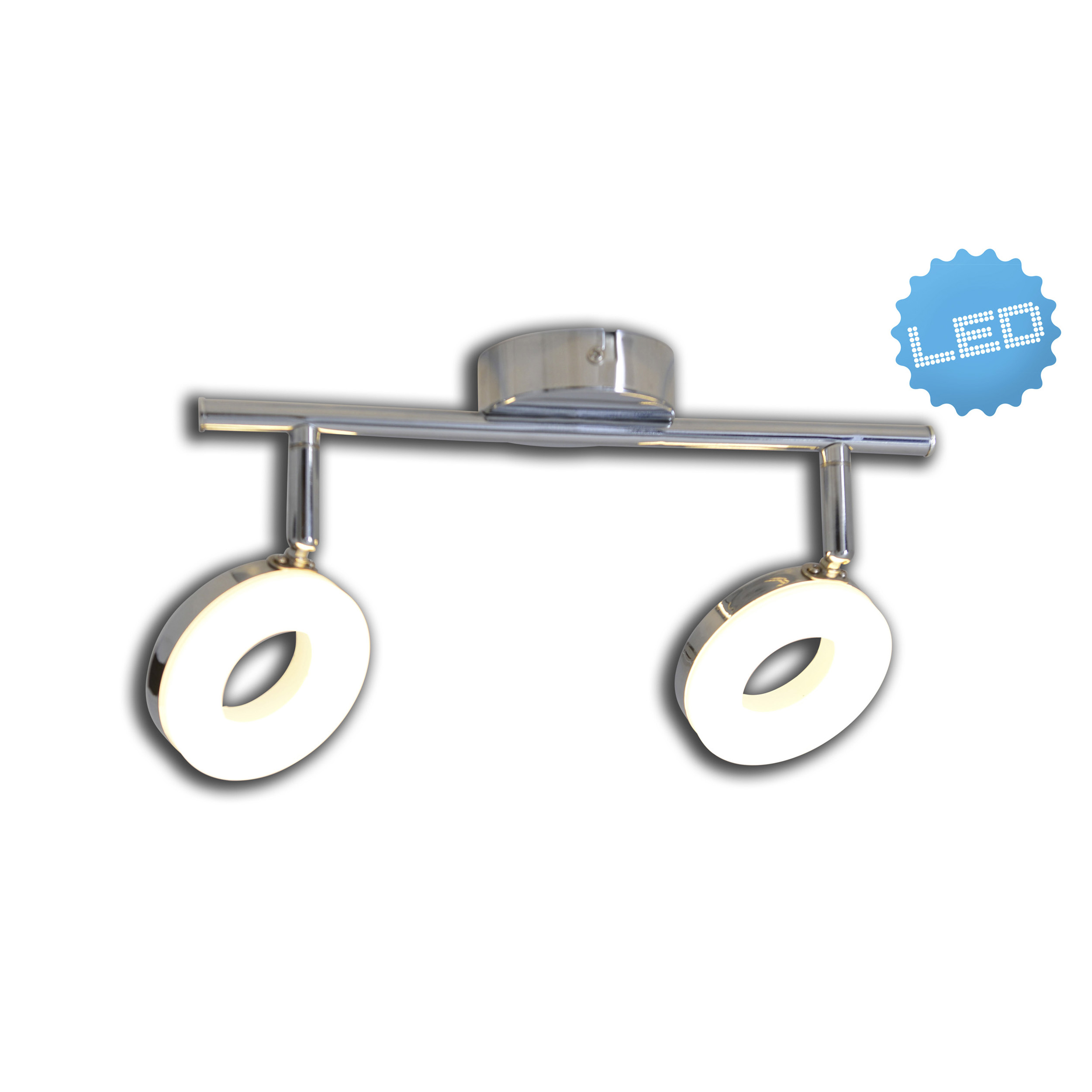 Eine Chrom-Leuchte mit zwei kreisförmigen Lichtern und einem LED-Aufkleber.
