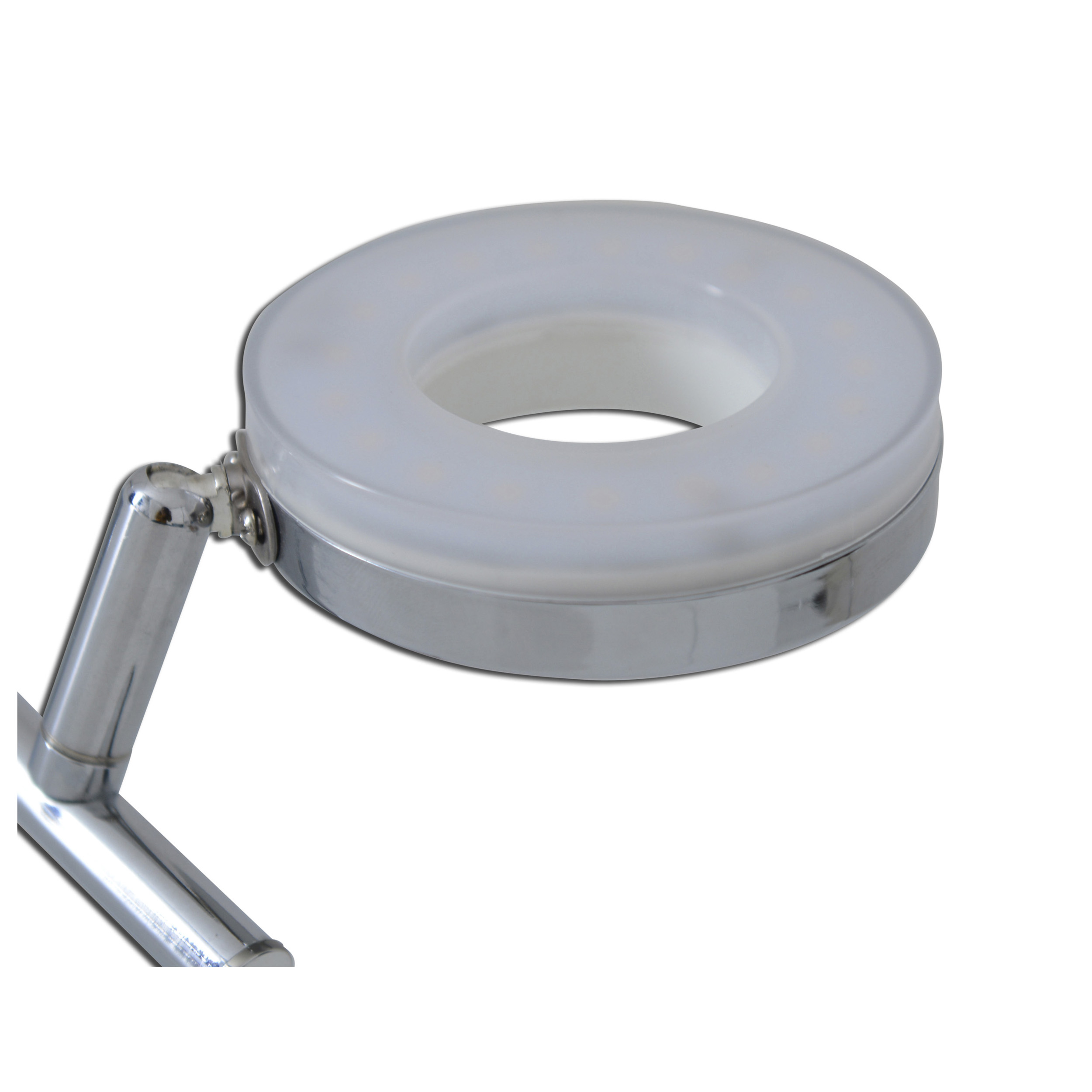 Nahaufnahme einer Metall-Ringleuchte mit LEDs und einem flexiblen Arm.