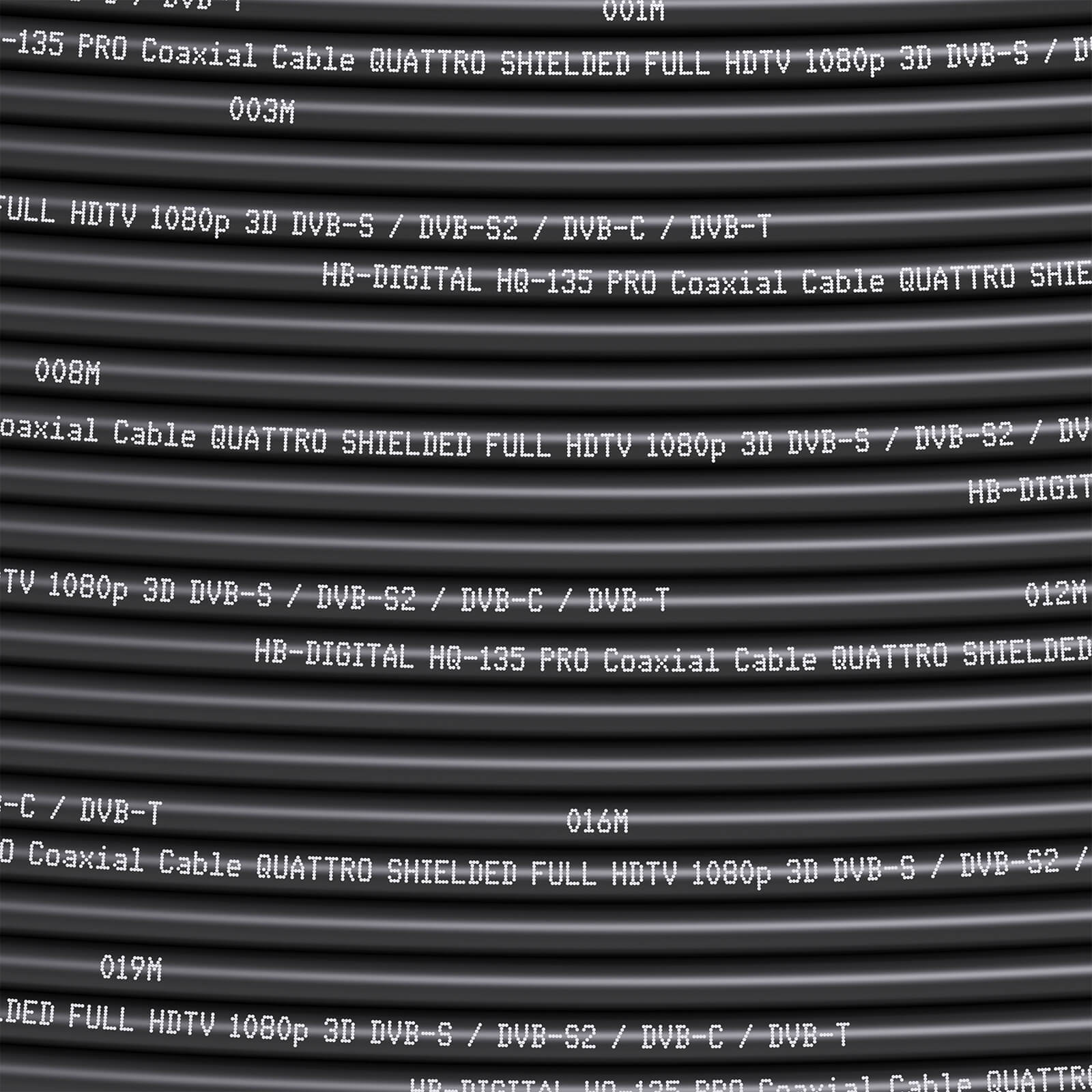 Koaxialkabel gestapelt, mit weißem Text. Text lautet: HB-DIGITAL HQ-135 PRO Koaxialkabel.