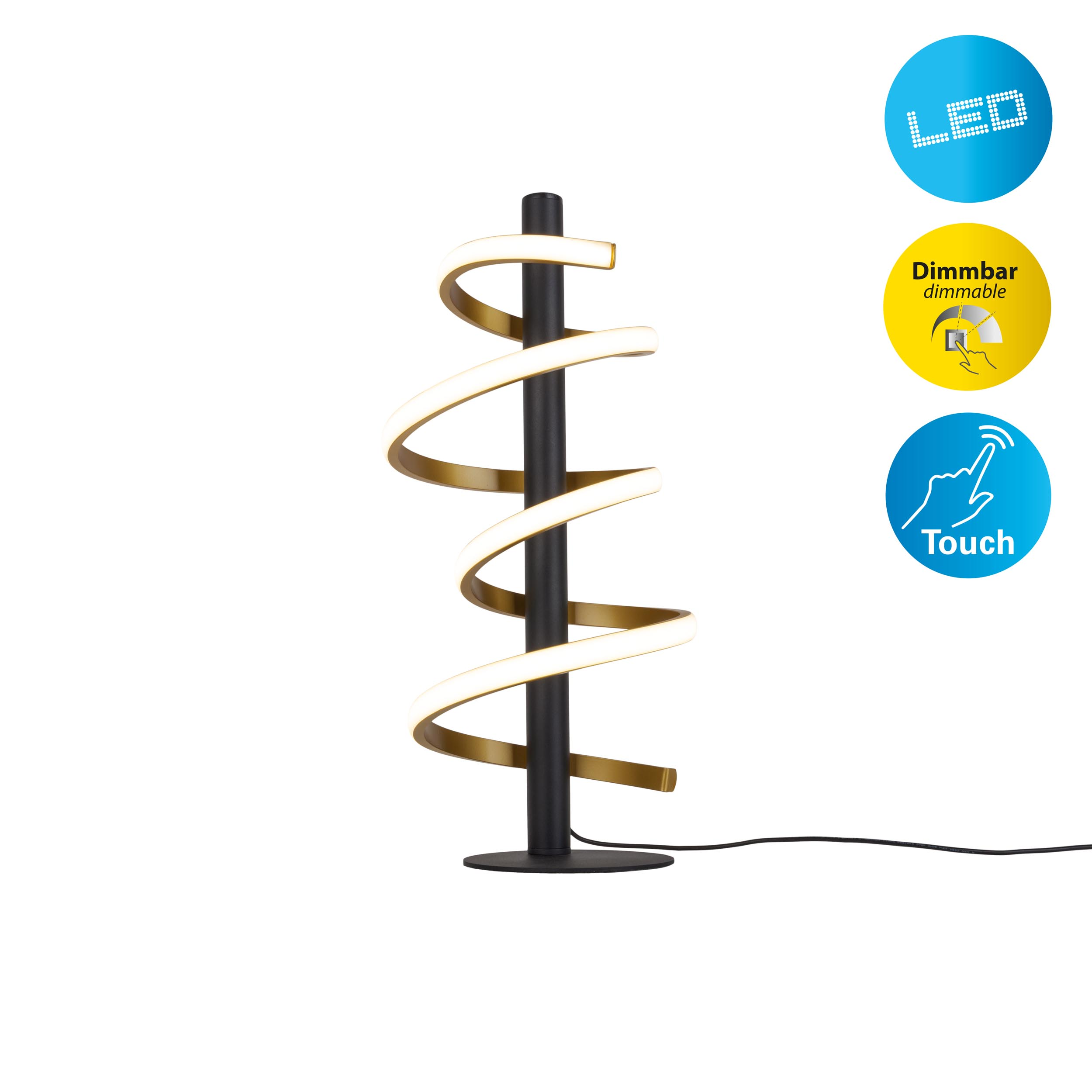 Moderne Spiral-LED-Tischlampe. Schwarzer Sockel mit Spirallicht. Berührbar und dimmbar.