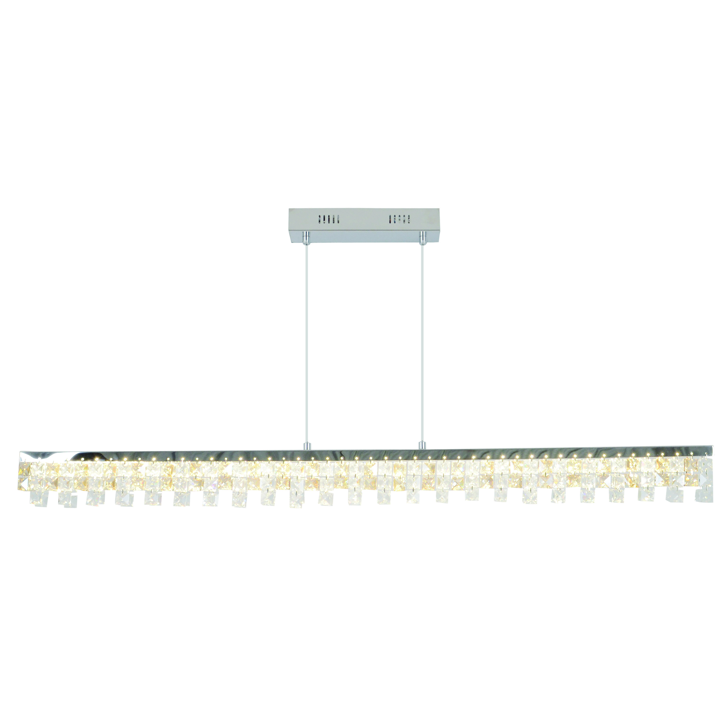 Lange, silberne, rechteckige Deckenlampe mit Kristallen. Die Kristalle hängen herunter und sind beleuchtet.