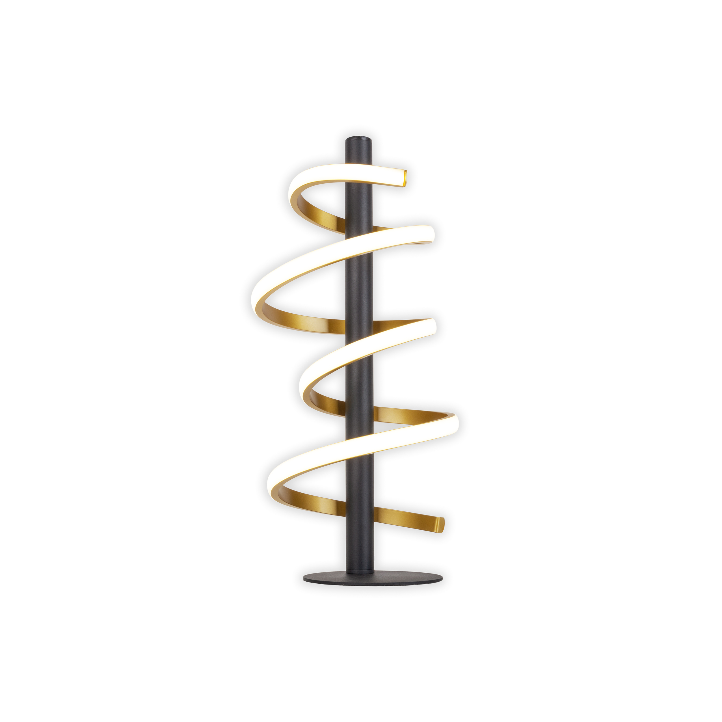 Eine moderne, spiralförmige Lampe mit goldenen und weißen Akzenten.