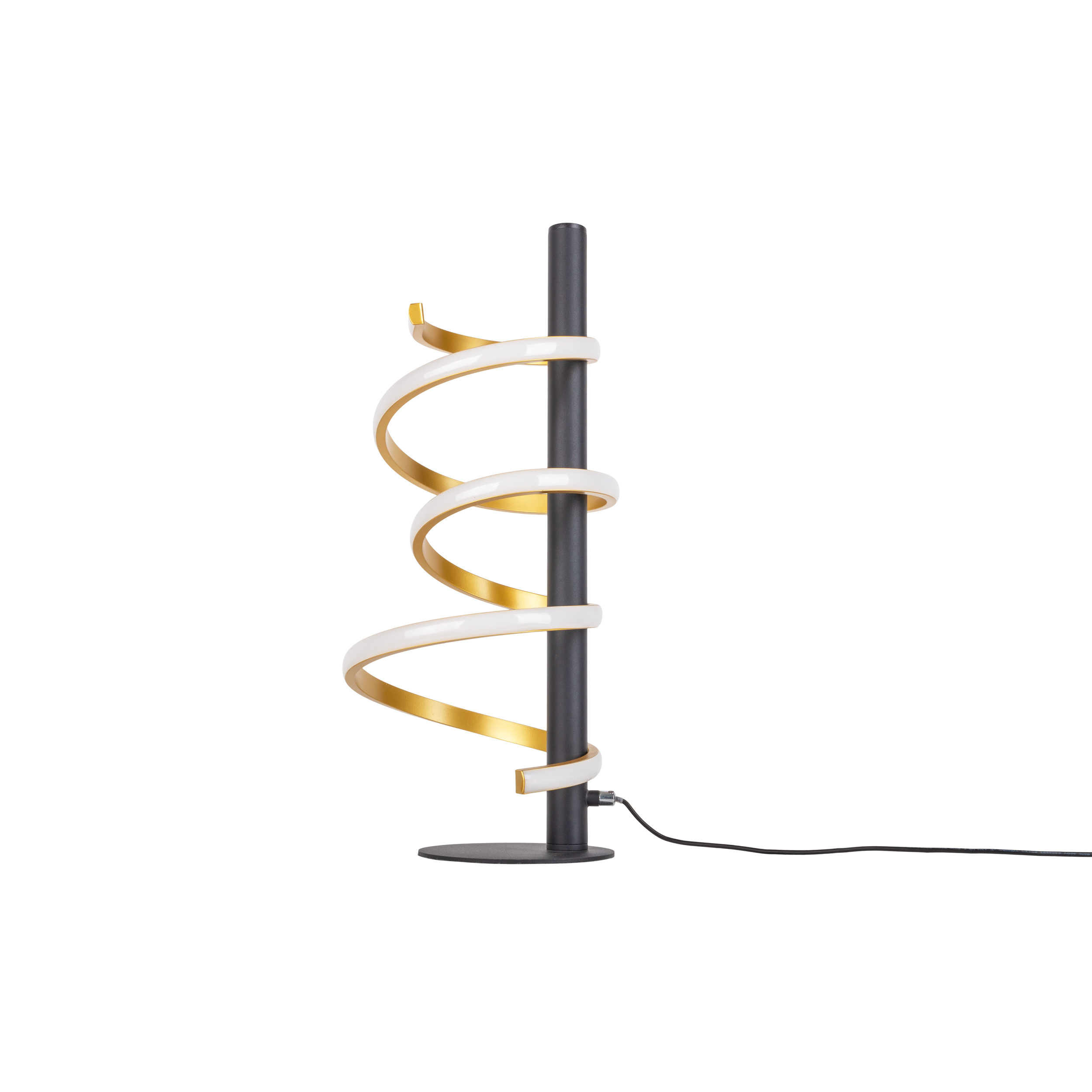 Schwarze Lampe mit spiralförmigem Gold- und Weißdesign auf weißem Hintergrund.