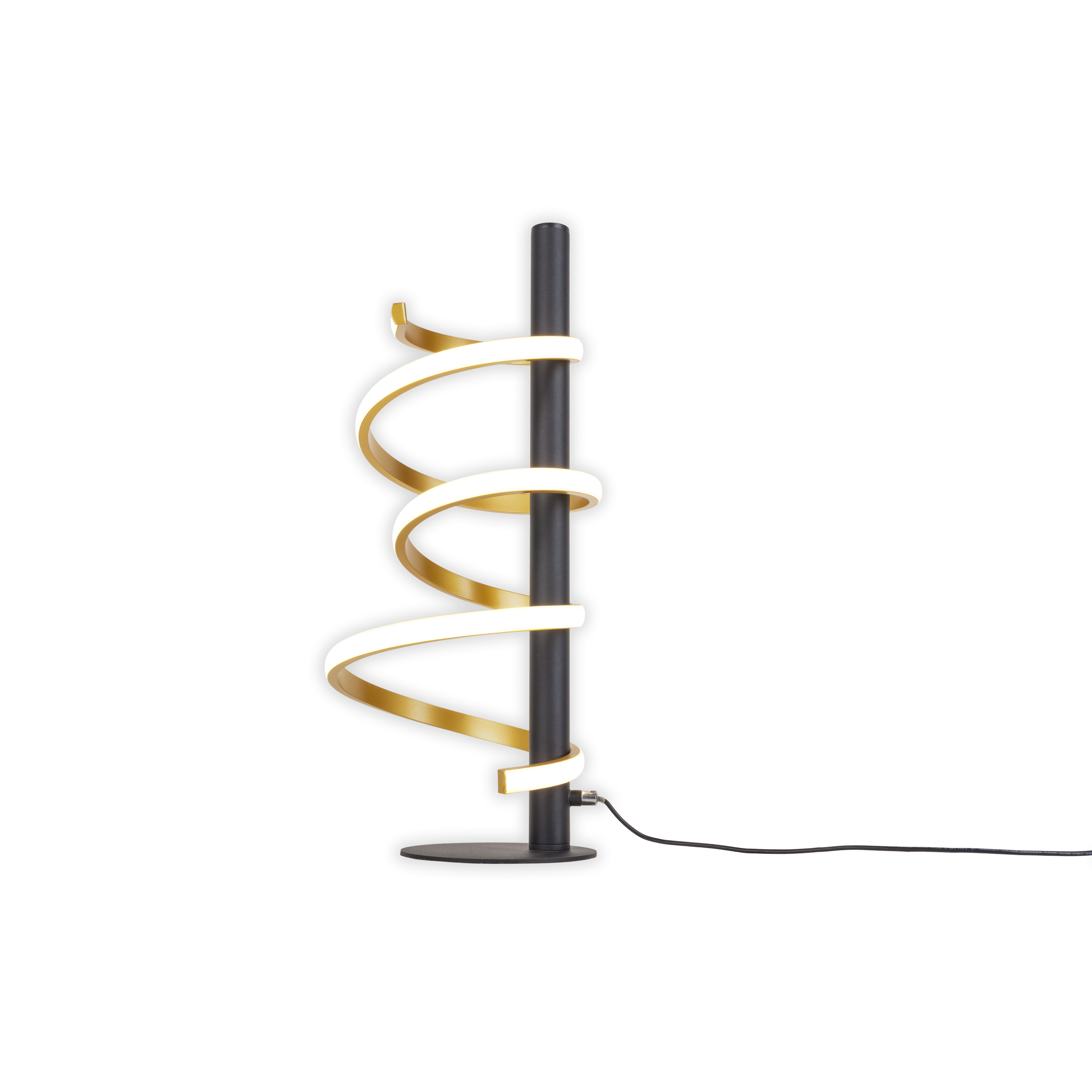Schwarze Lampe mit goldenen Spiralen und schwarzem Sockel. Weißer Hintergrund.