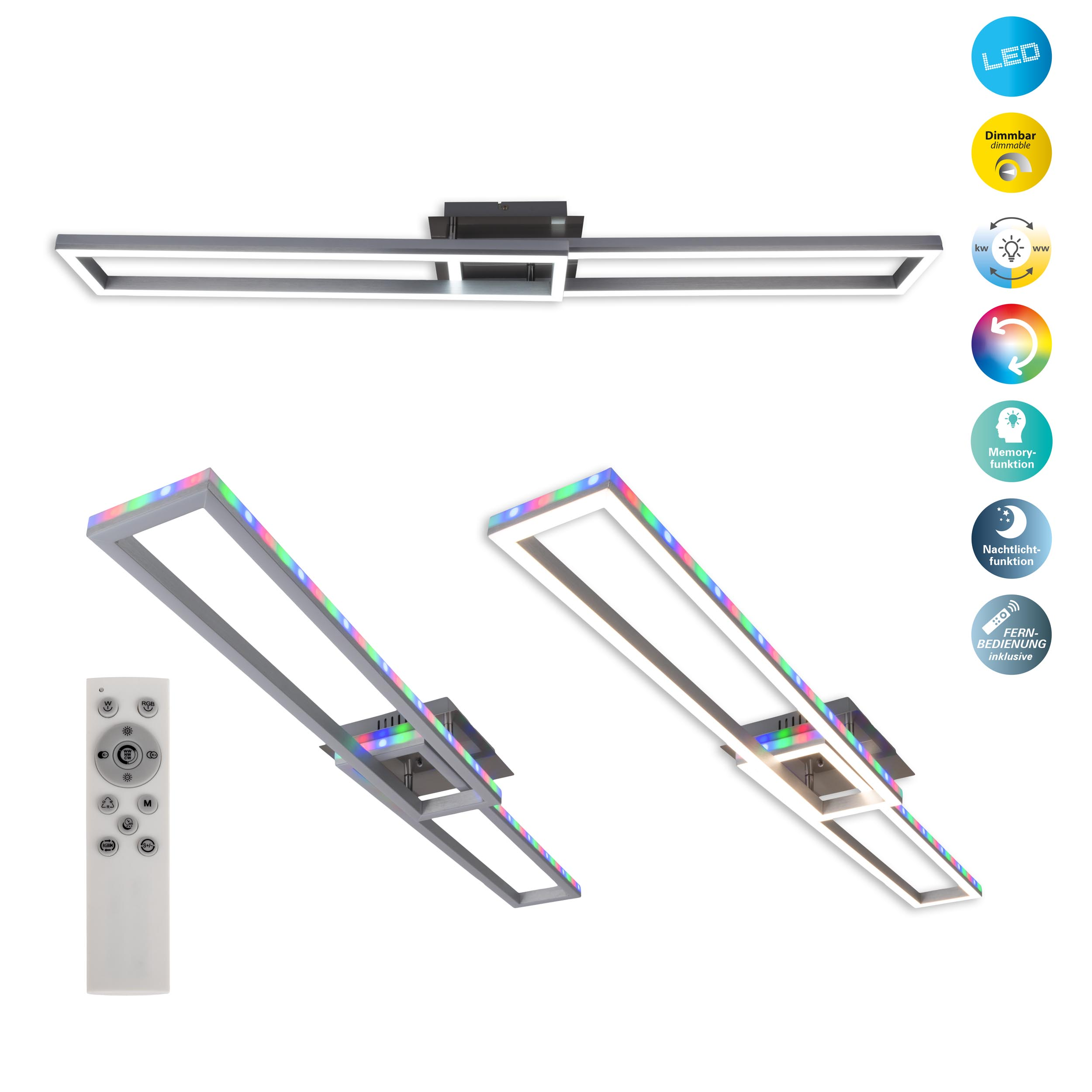 Zwei LED-Leuchten mit Fernbedienung. Eine ist farbig beleuchtet.