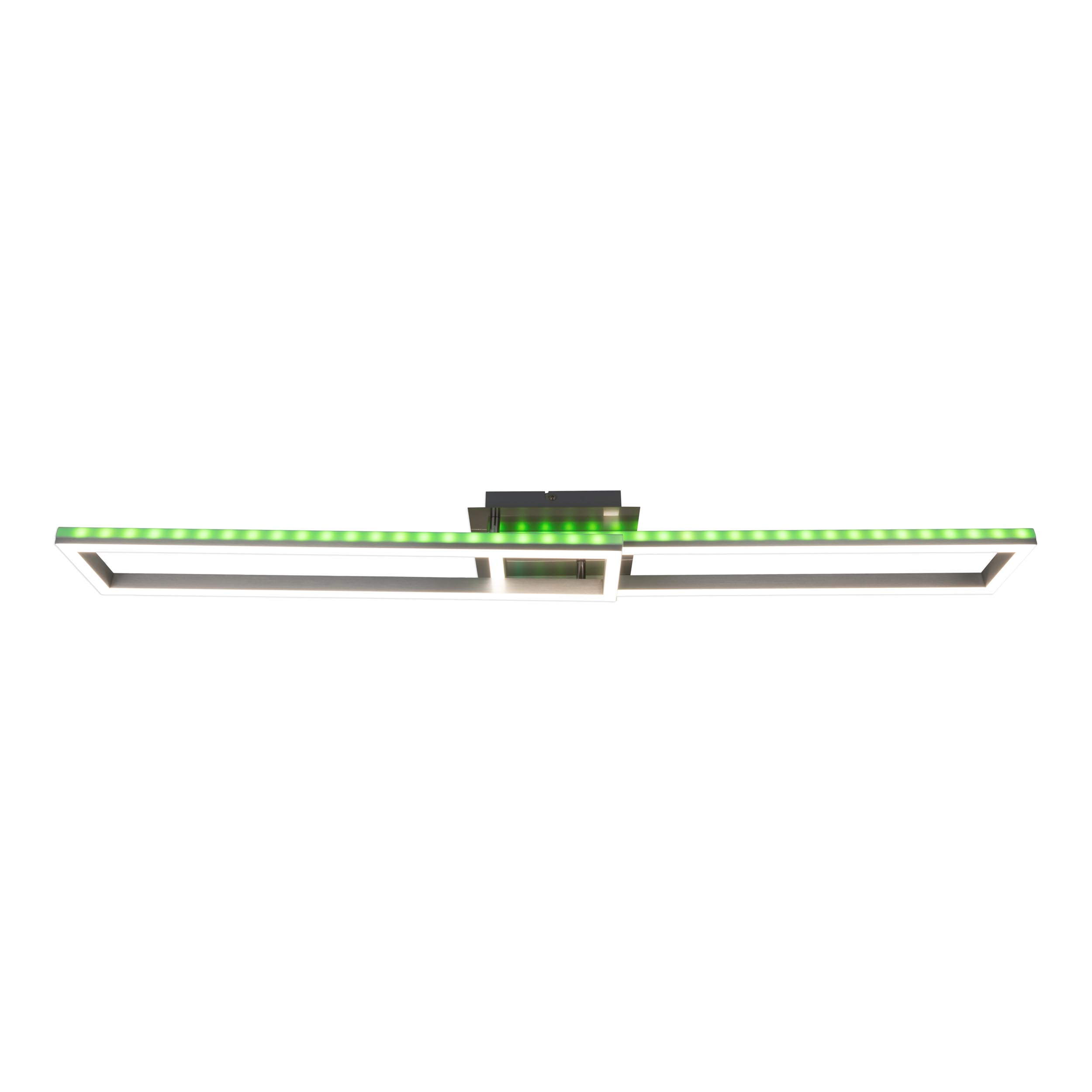 Eine moderne LED-Deckenleuchte. Die Leuchte hat eine rechteckige Form mit grüner Akzentbeleuchtung.
