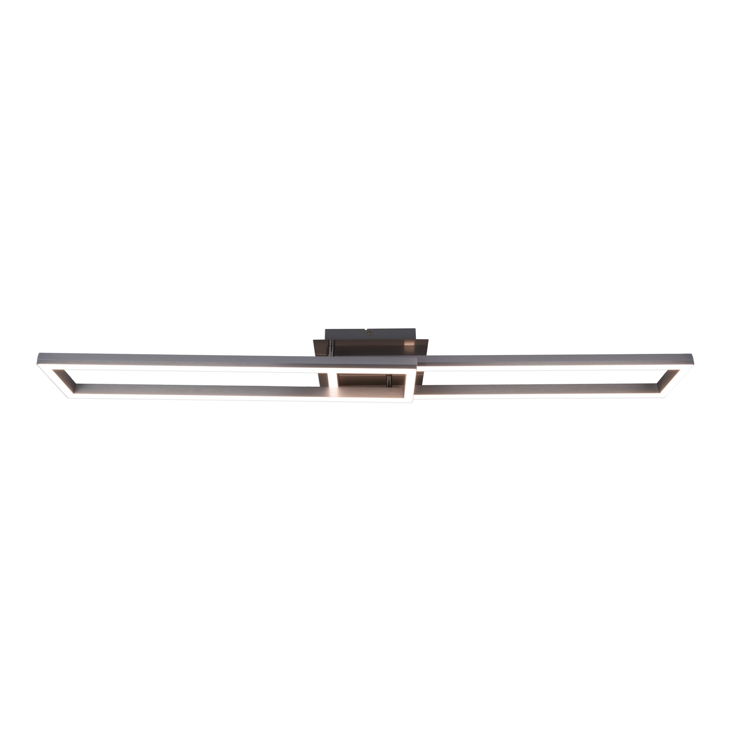 Eine Deckenlampe mit zwei verbundenen rechteckigen Lichtern. Es ist ein modernes, lineares Design.