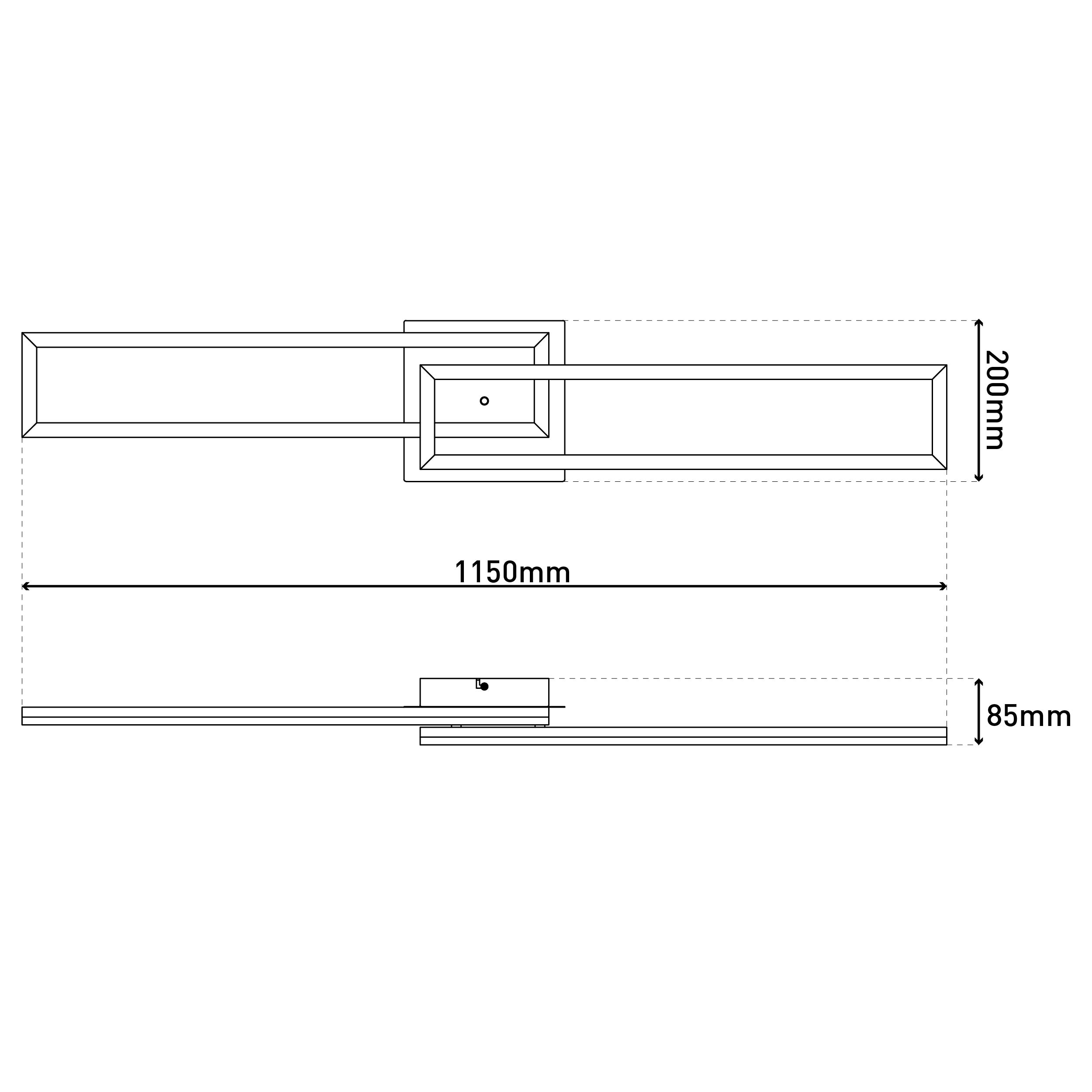 Eine lineare Leuchte, weiß und schwarz. Sie hat Abmessungen von 1150 mm Länge und 200 mm Höhe.
