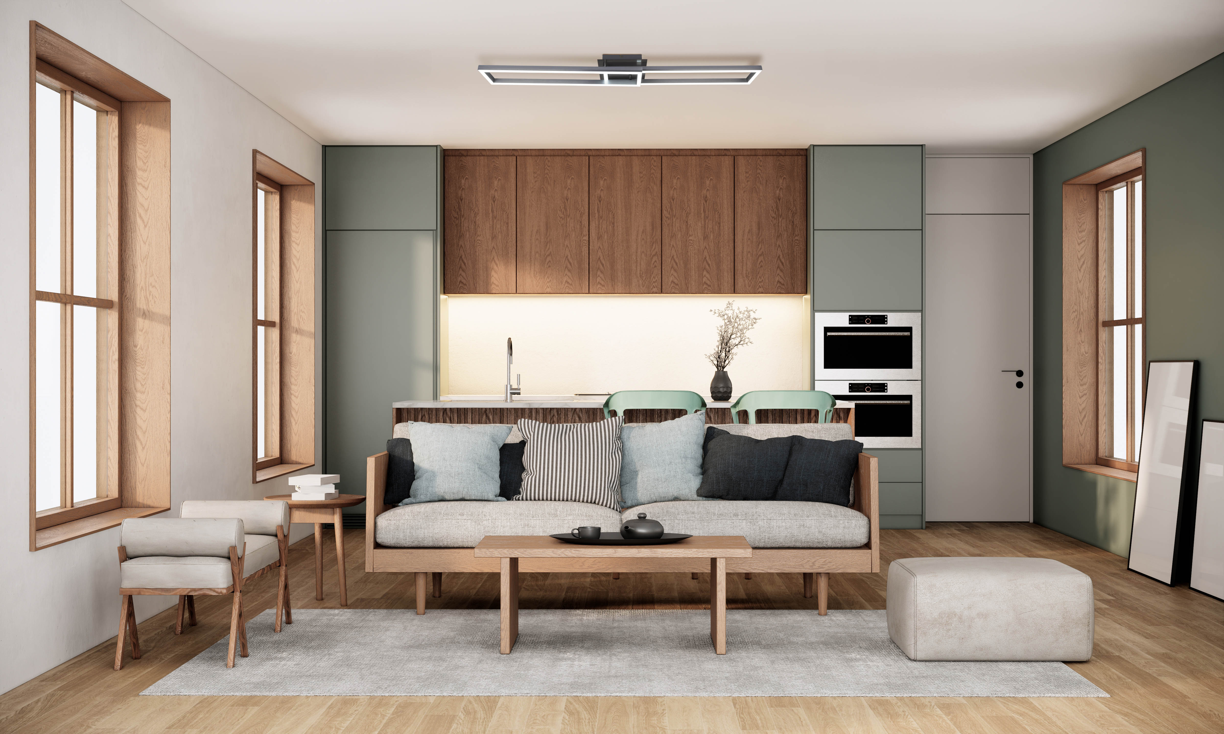 Küche mit Holzschränken, Insel, Sofa, Teppich, Fenstern, Essbereich.