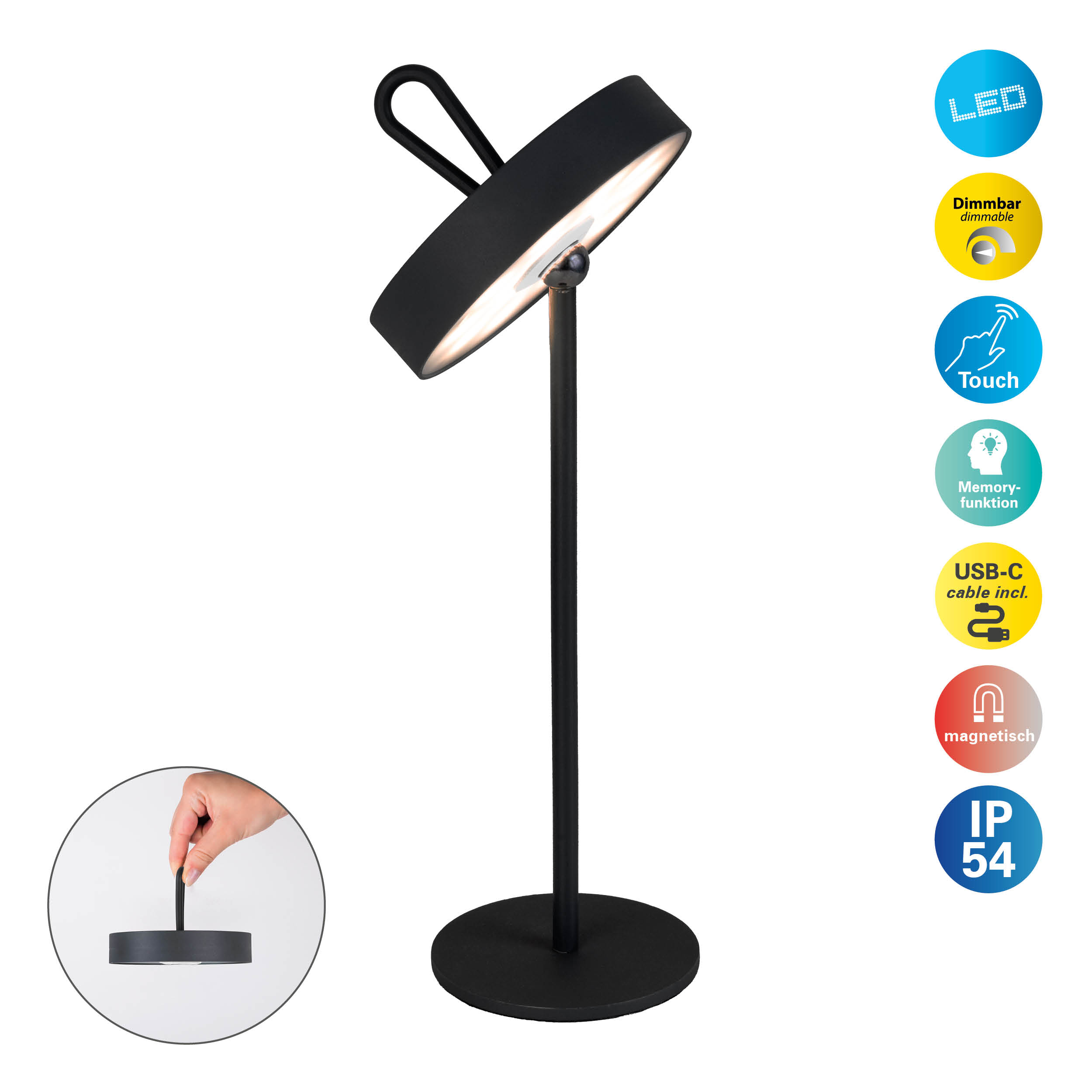 Eine schwarze Lampe mit rundem Kopf und geradem Ständer. Es gibt eine kleine, handliche Version.
