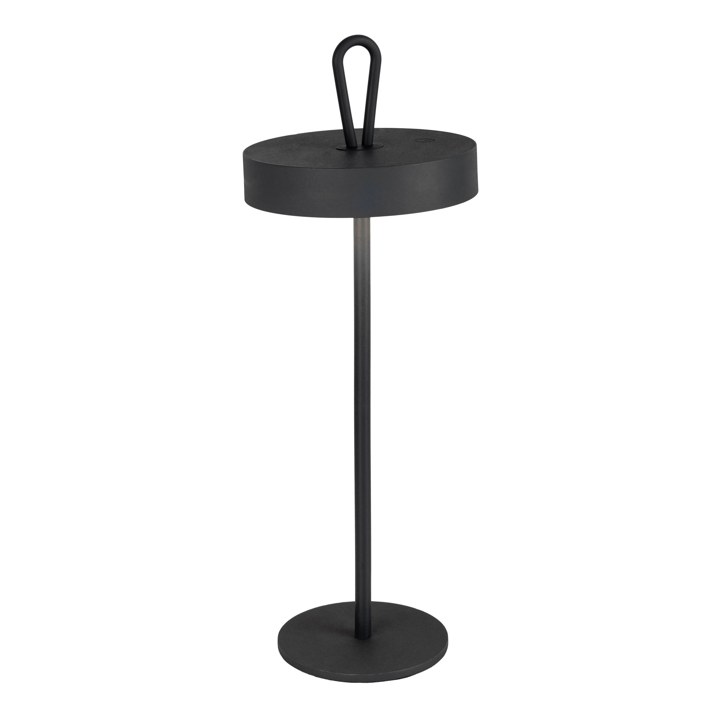 Eine schwarze moderne Lampe mit rundem Sockel und Griff oben.