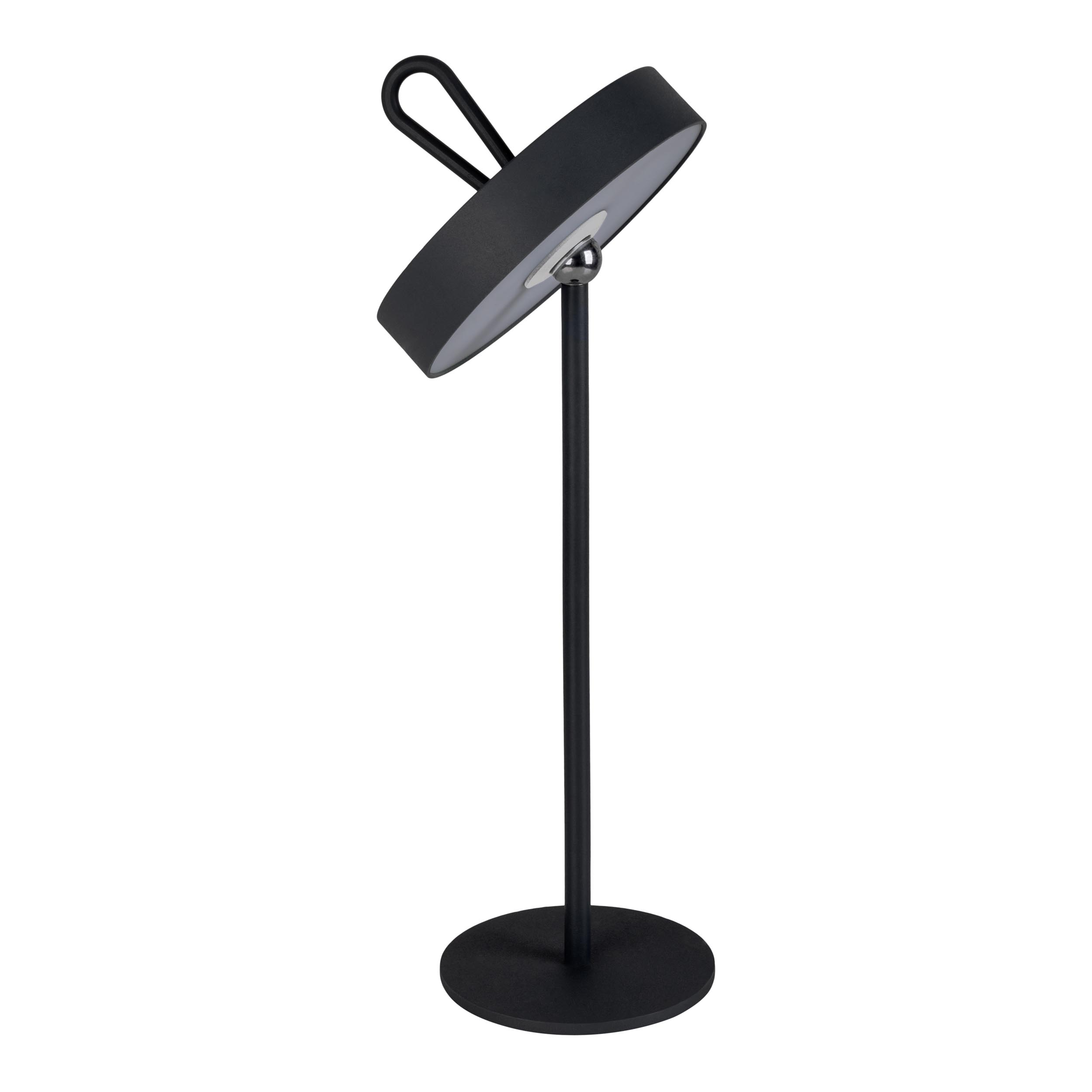 Schwarze moderne Lampe mit rundem Schirm auf einem Ständer, vor weißem Hintergrund.