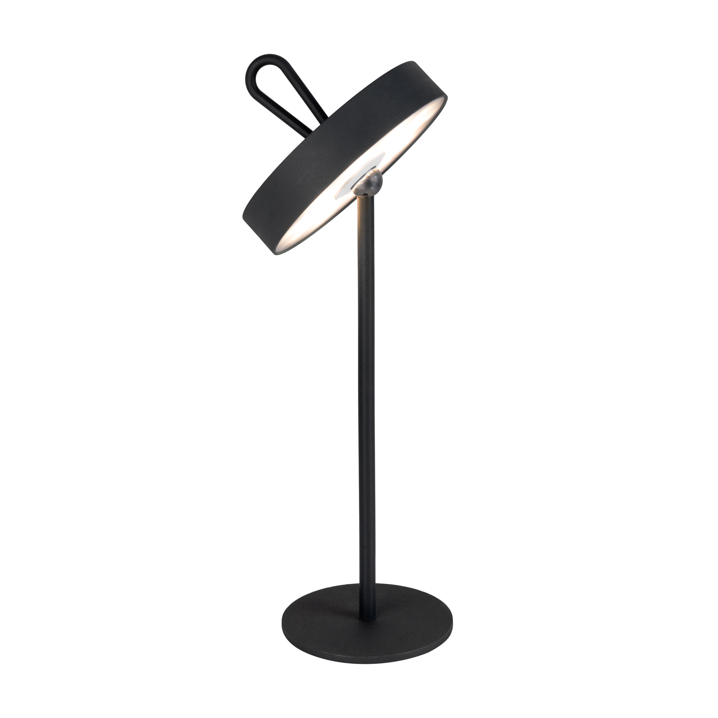 Schwarze Schreibtischlampe mit einem kreisförmigen, nach oben geneigten Kopf auf einem schwarzen Ständer. Die Lampe ist eingeschaltet.