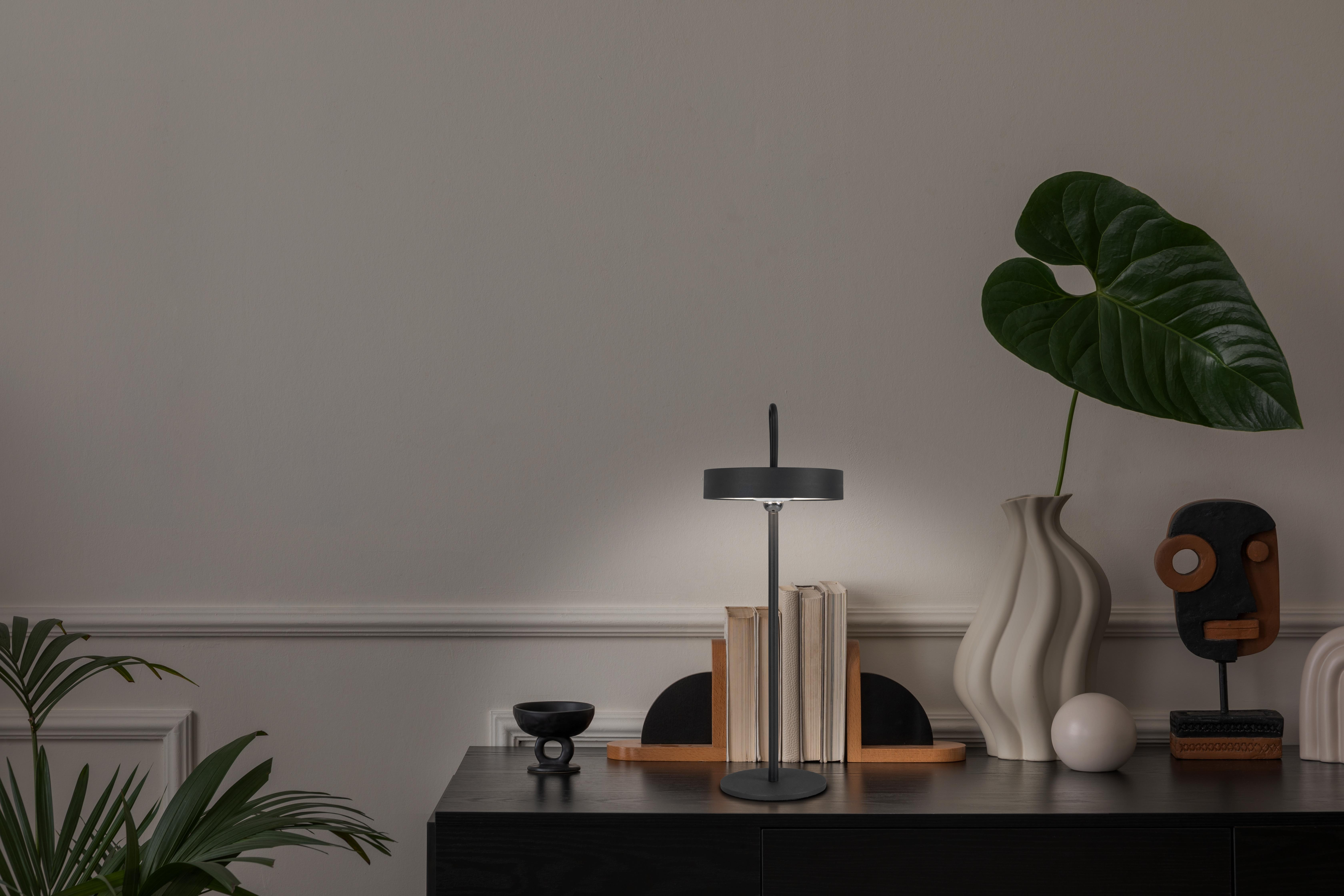 Ein Schreibtisch mit Lampe, Büchern und Vase mit großem Blatt. Der Hintergrund ist eine weiße Wand.