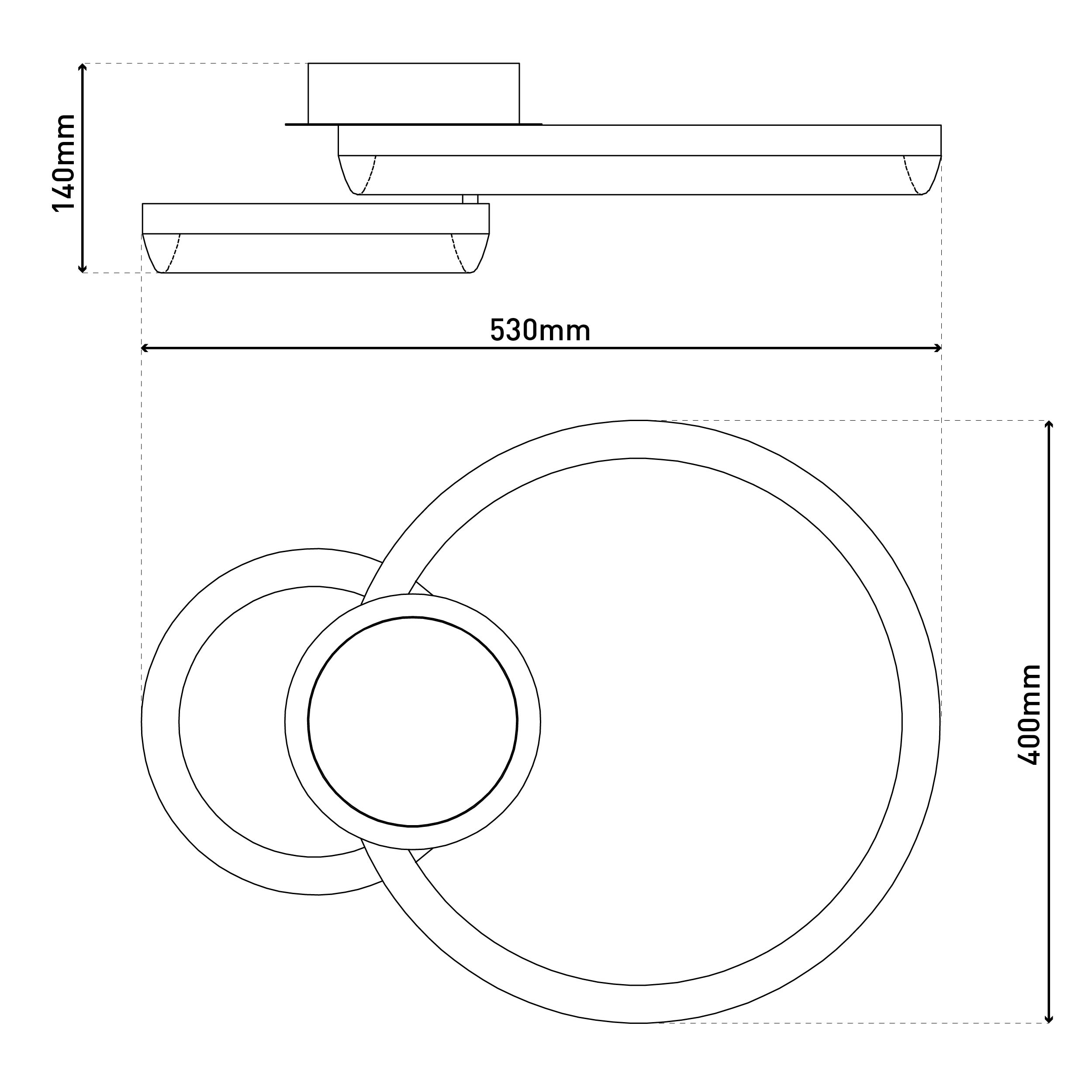 Eine technische Zeichnung einer Leuchte mit Abmessungen. Die Hauptkomponente ist 530 mm breit und 400 mm hoch.