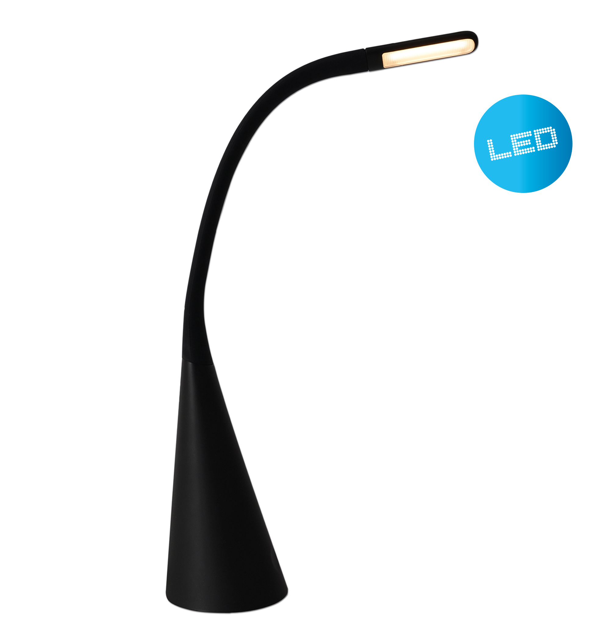 Eine schwarze Schwanenhalslampe mit LED-Anzeige. Sie hat einen konischen Sockel.