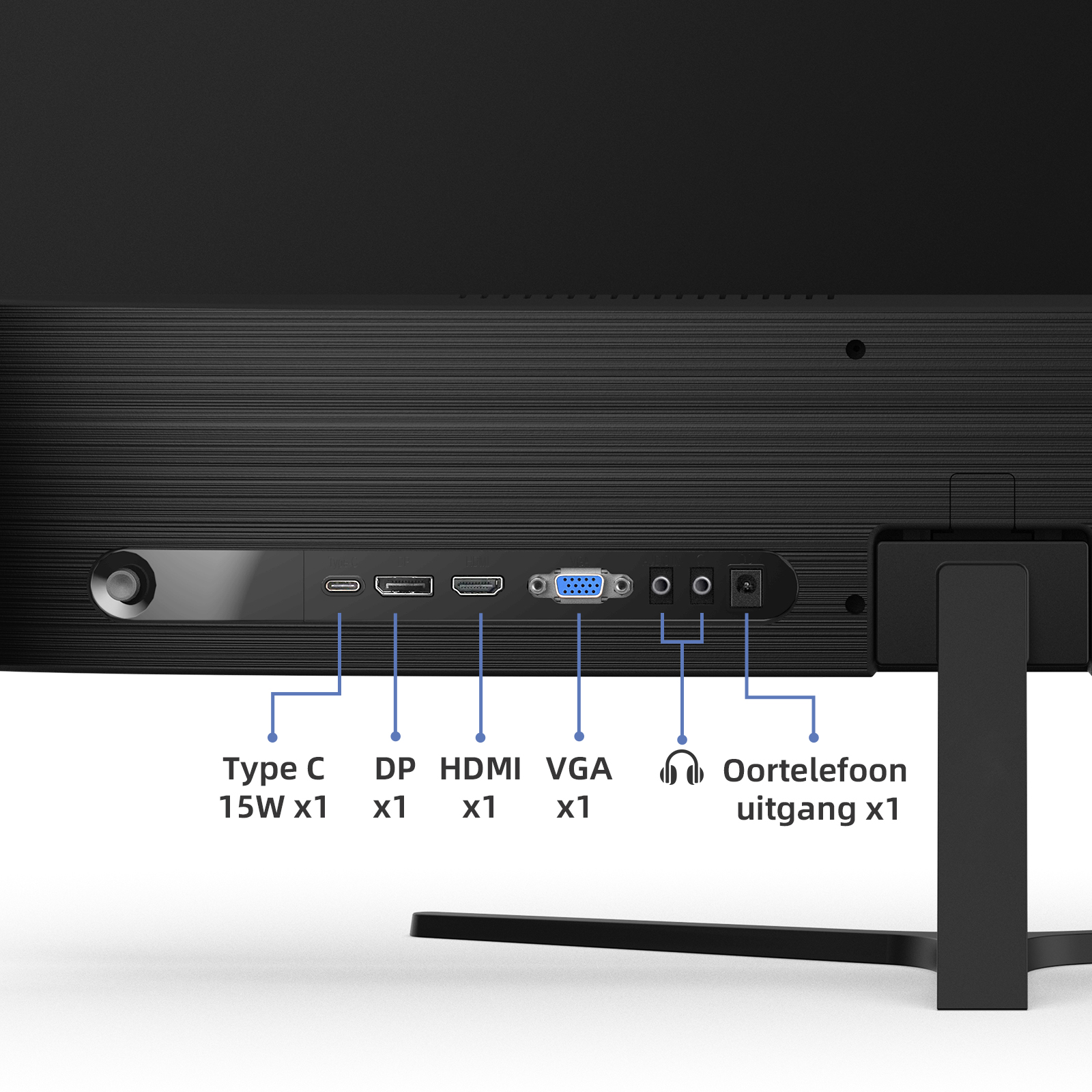 Widok z tyłu monitora. Porty wyświetlania oznaczone: Typ C, DP, HDMI, VGA i gniazdo audio.
