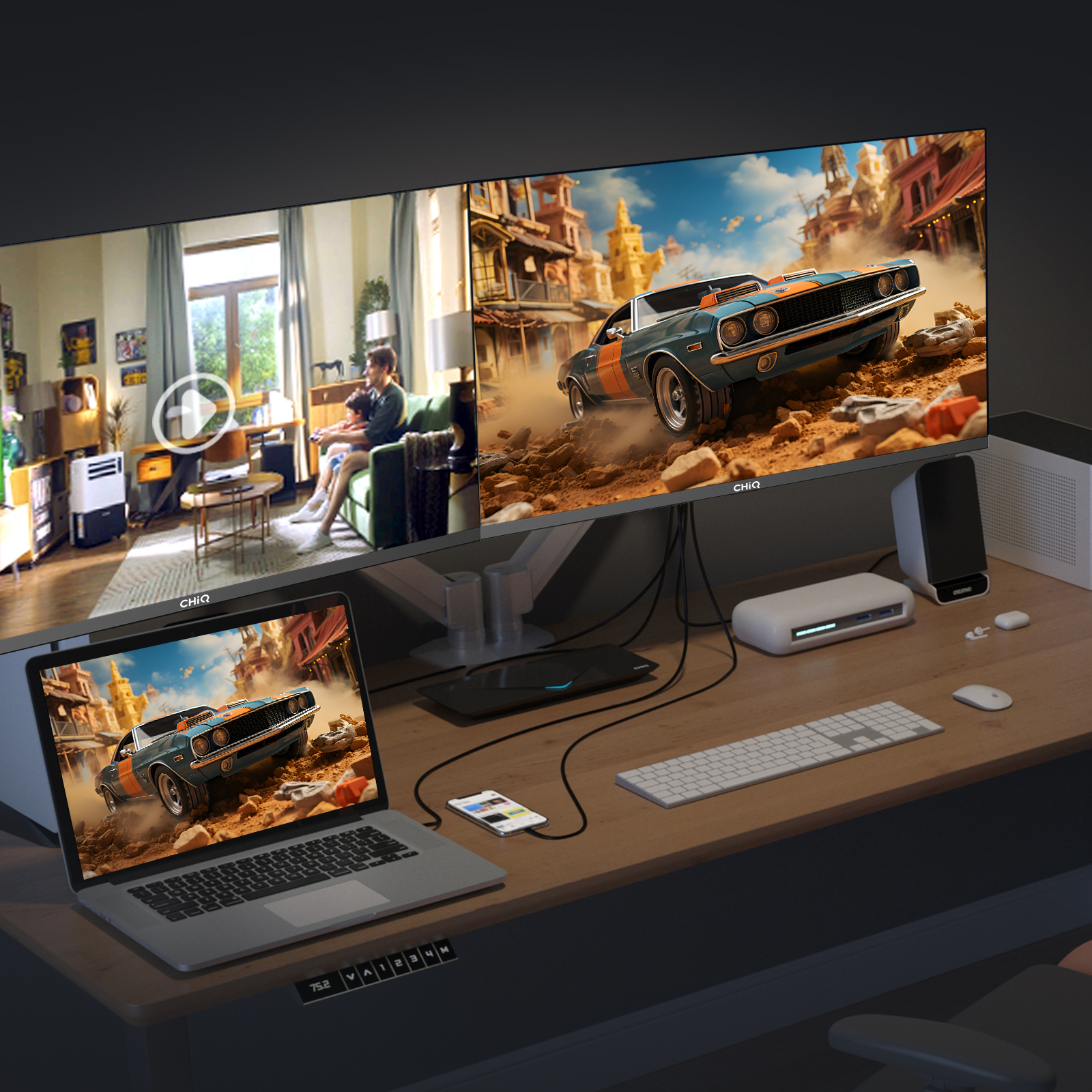 Konfiguracja biurka z trzema ekranami wyświetlającymi różne treści i różnymi akcesoriami.