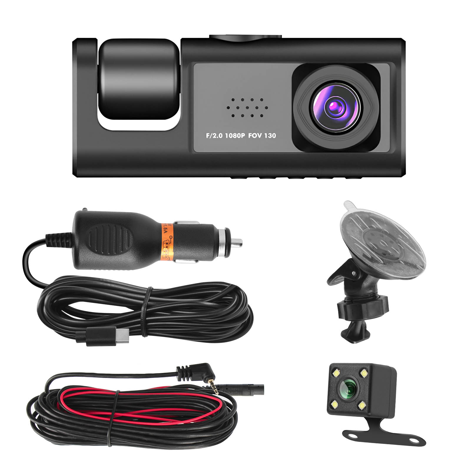 Eine schwarze Auto-Dashcam und Zubehör, einschließlich Ladegerät und Befestigungsmaterial.