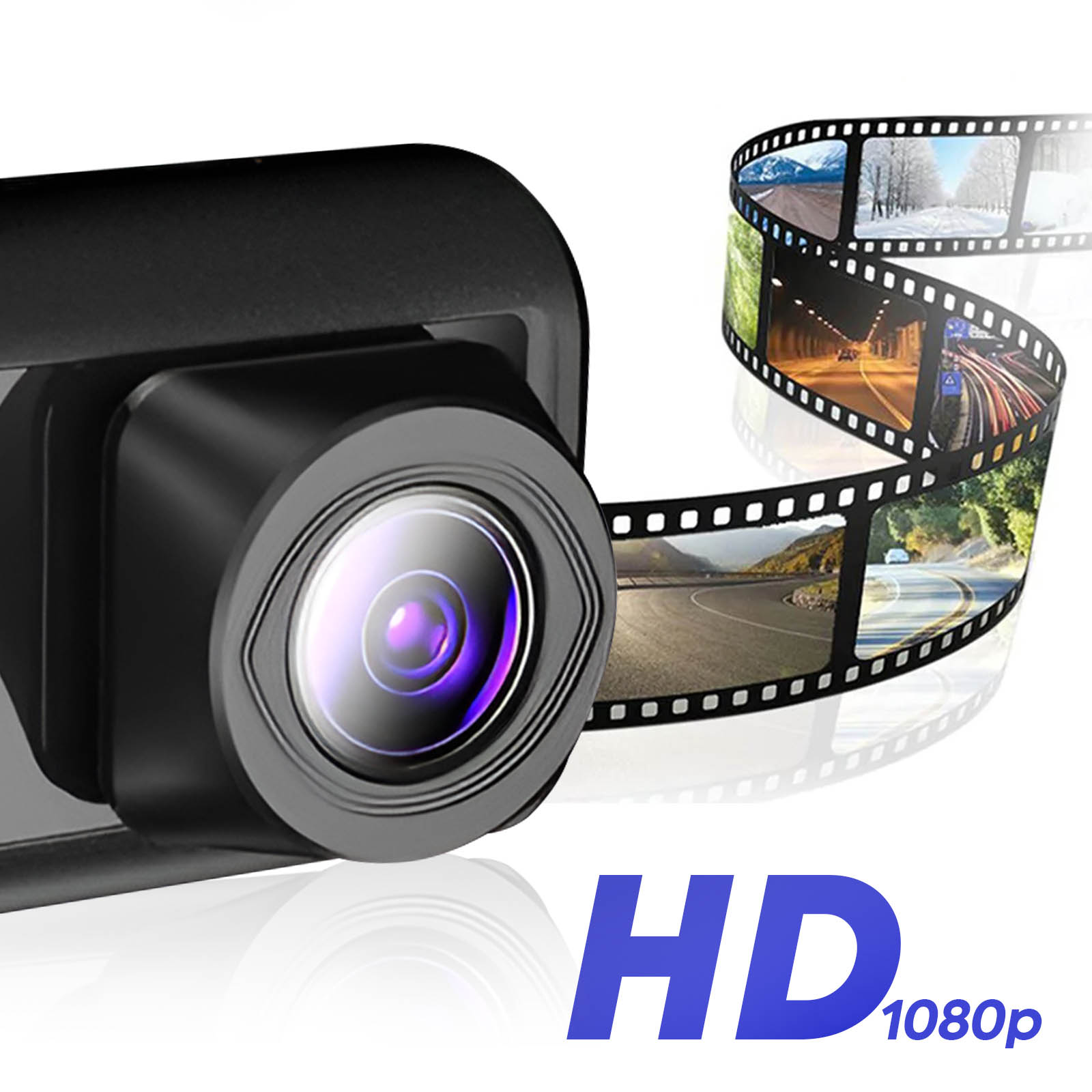 Schwarze Dashcam mit Objektiv. Filmstreifen mit Autofahrszenen im Hintergrund. HD 1080p Text in Blau.