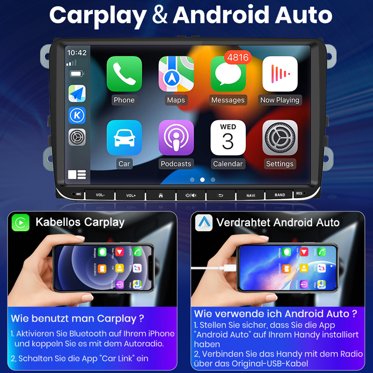 Carplay und Android Auto werden auf dem Infotainment-Bildschirm eines Autos angezeigt.