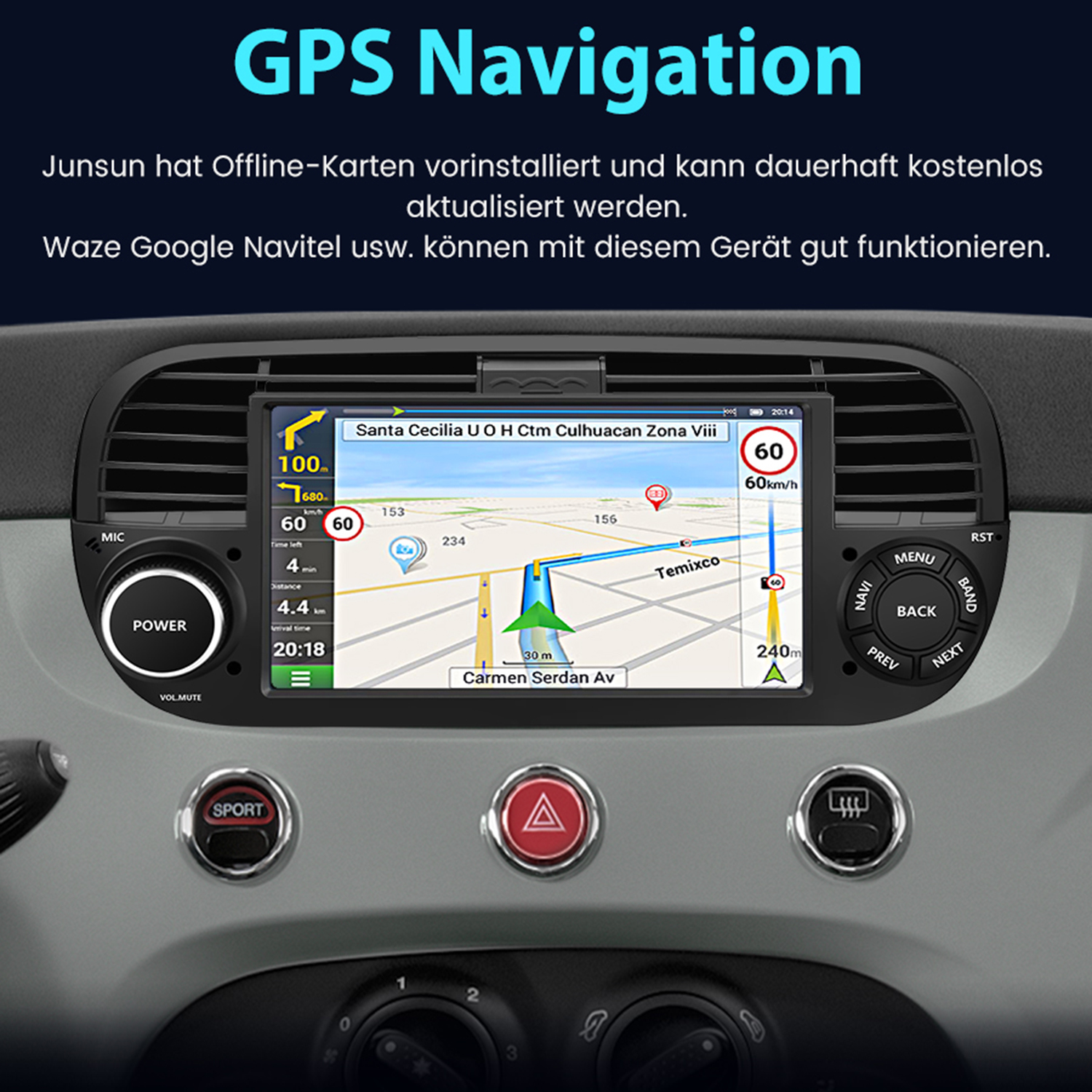 Ein Armaturenbrett mit Navigationsbildschirm, der Karte und Navigationsinfos anzeigt.
