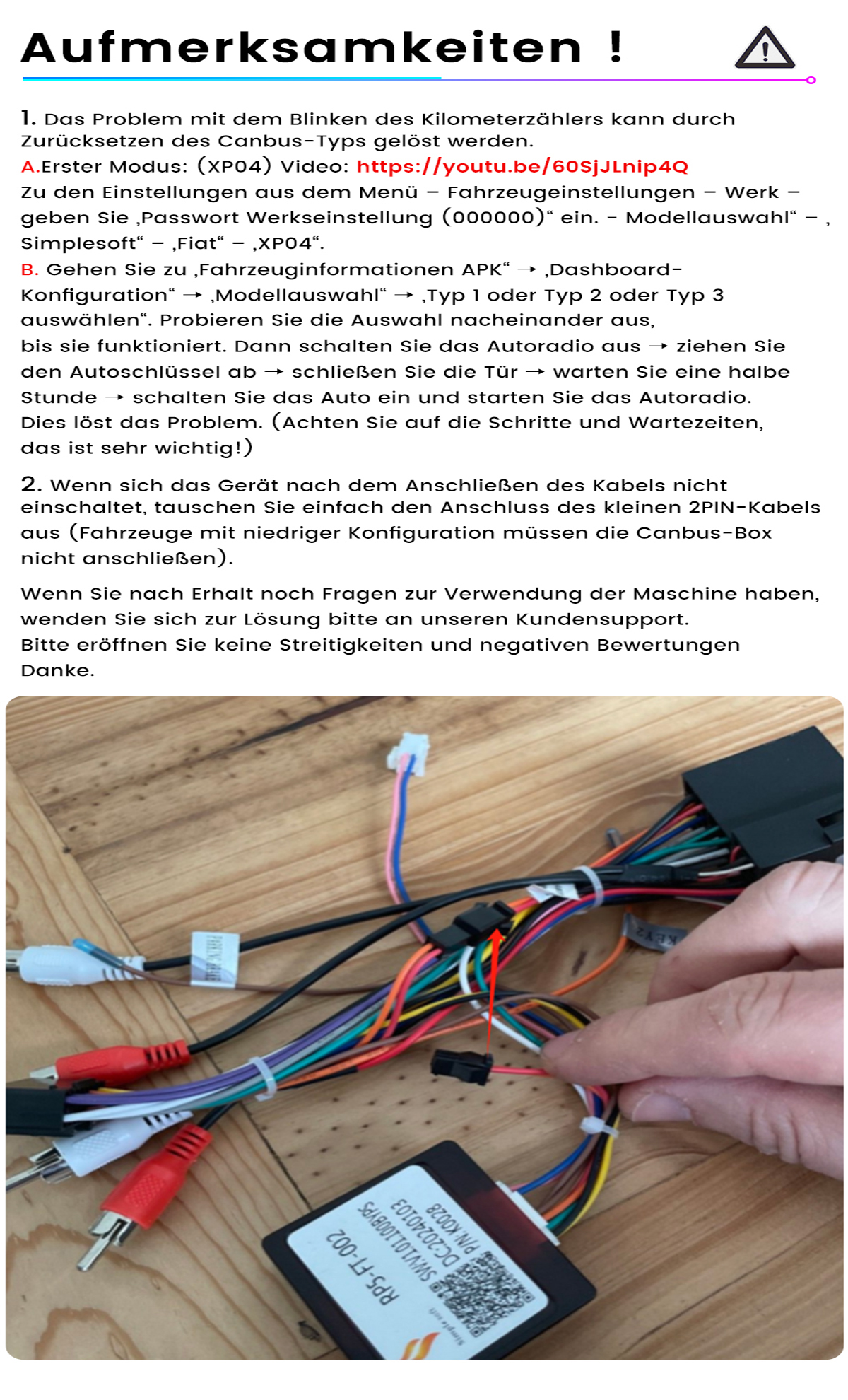 Hände verbinden Kabel mit einer schwarzen Box. Anweisungen sind auf Deutsch.