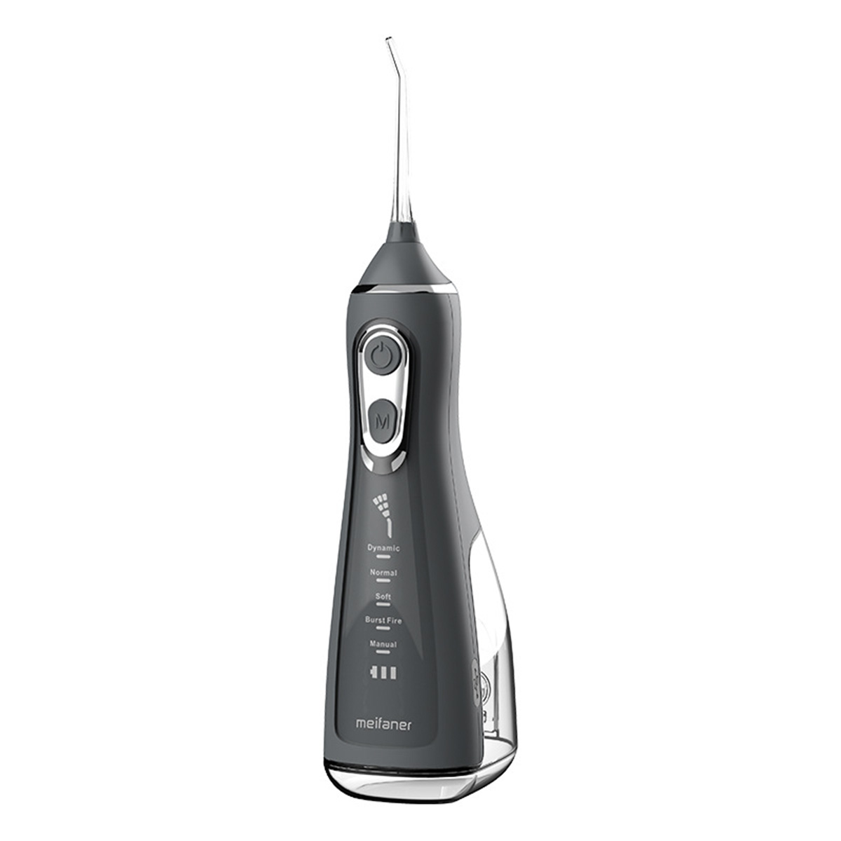Ein grau-weißer Wasser-Flosser mit langer Düse, isoliert auf Weiß.