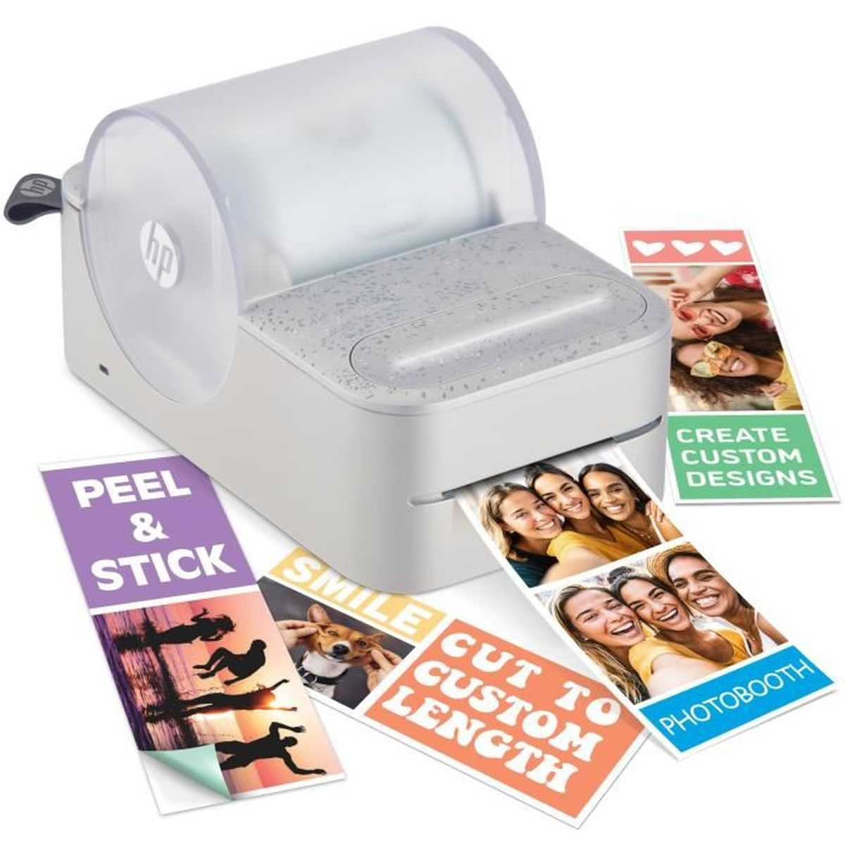 Szara drukarka HP Sprocket drukująca wiele zdjęć. Zdjęcia mają tekst: 'PEEL & STICK', 'SMILE', 'CUT TO CUSTOM LENGTH'.