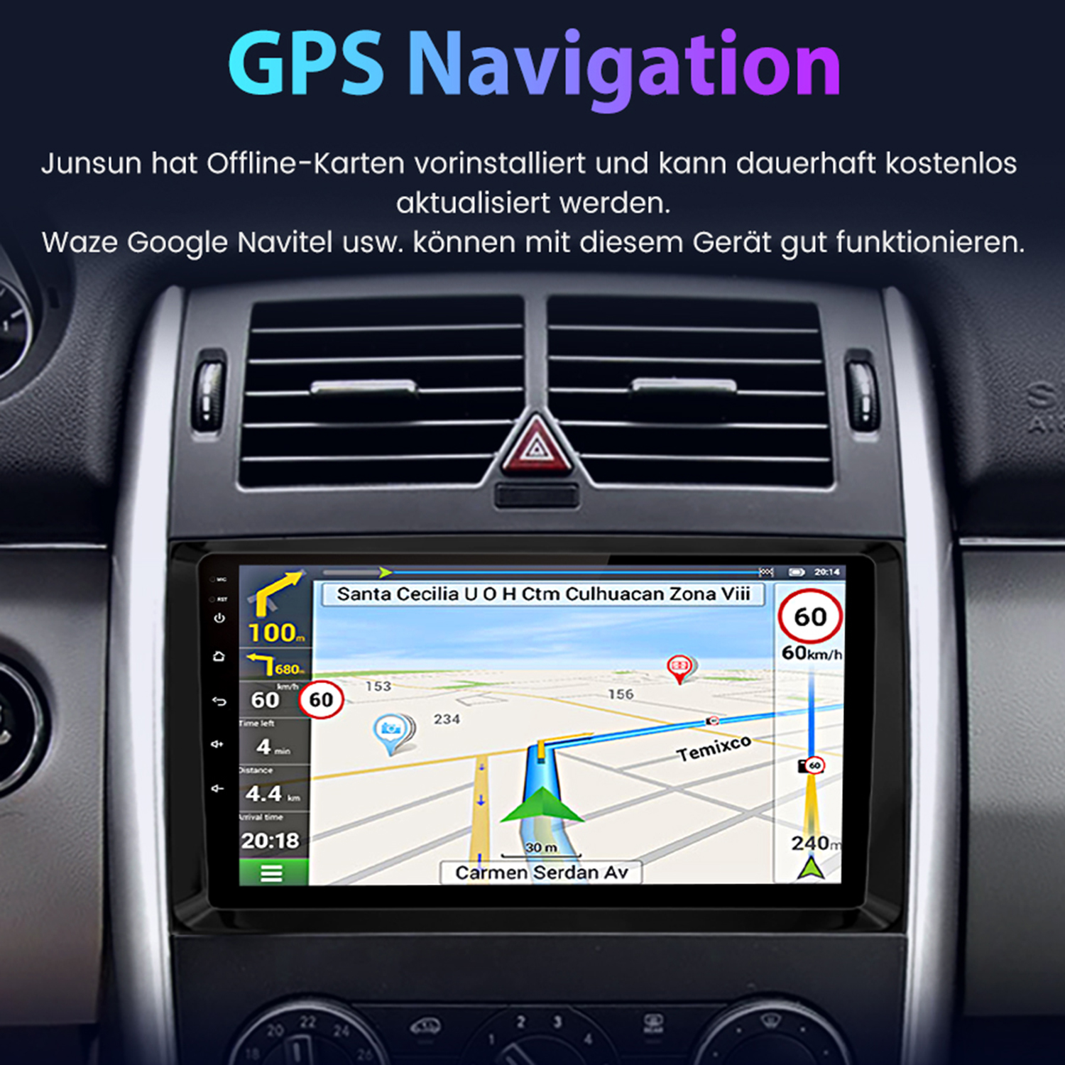 Auto-Armaturenbrett mit GPS-Navigationsbildschirm, der eine Karte und Geschwindigkeit zeigt. Der Hintergrund ist ein Auto-Innenraum.