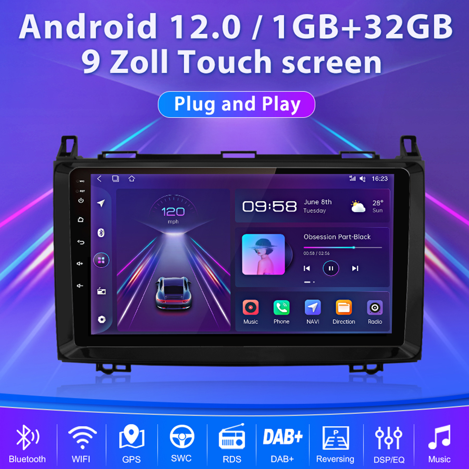 Ein Auto-Multimedia-System mit Touchscreen, das Musik, Navigation und andere Symbole zeigt.