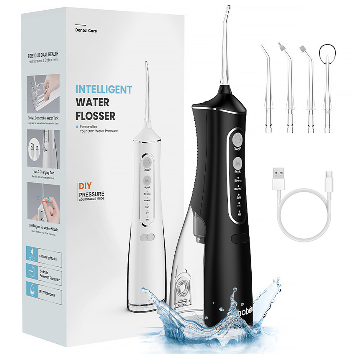 Ein weißer und schwarzer Wasser-Flosser mit Zubehör. Es hat eine Box.