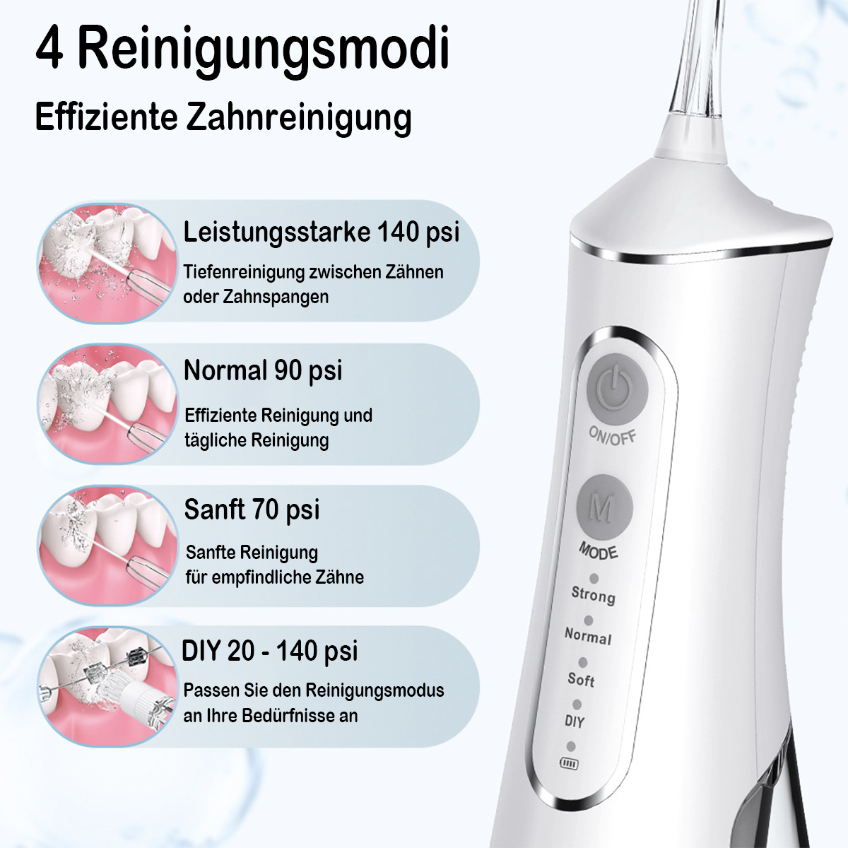 Wasser-Flosser mit vier Reinigungsmodi: Stark, Normal, Sanft und DIY. Weißer Hintergrund.