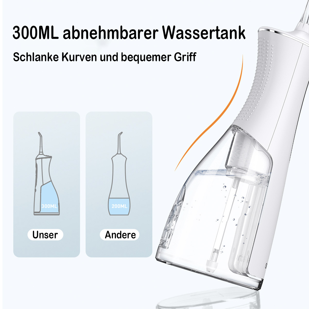 Weißer Munddusche mit transparentem Wassertank und einer blauen Zeichnung davon.