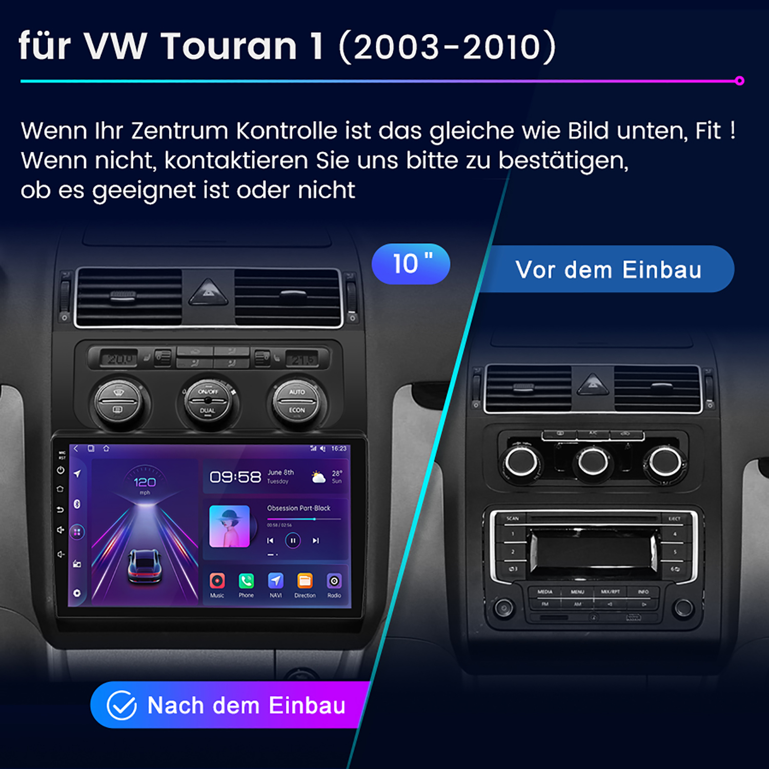 Autoradio-Bildschirm, vor und nach der Installation. Vorher zeigt die ursprüngliche Radioeinrichtung des Autos, nachher zeigt das neue Radio.