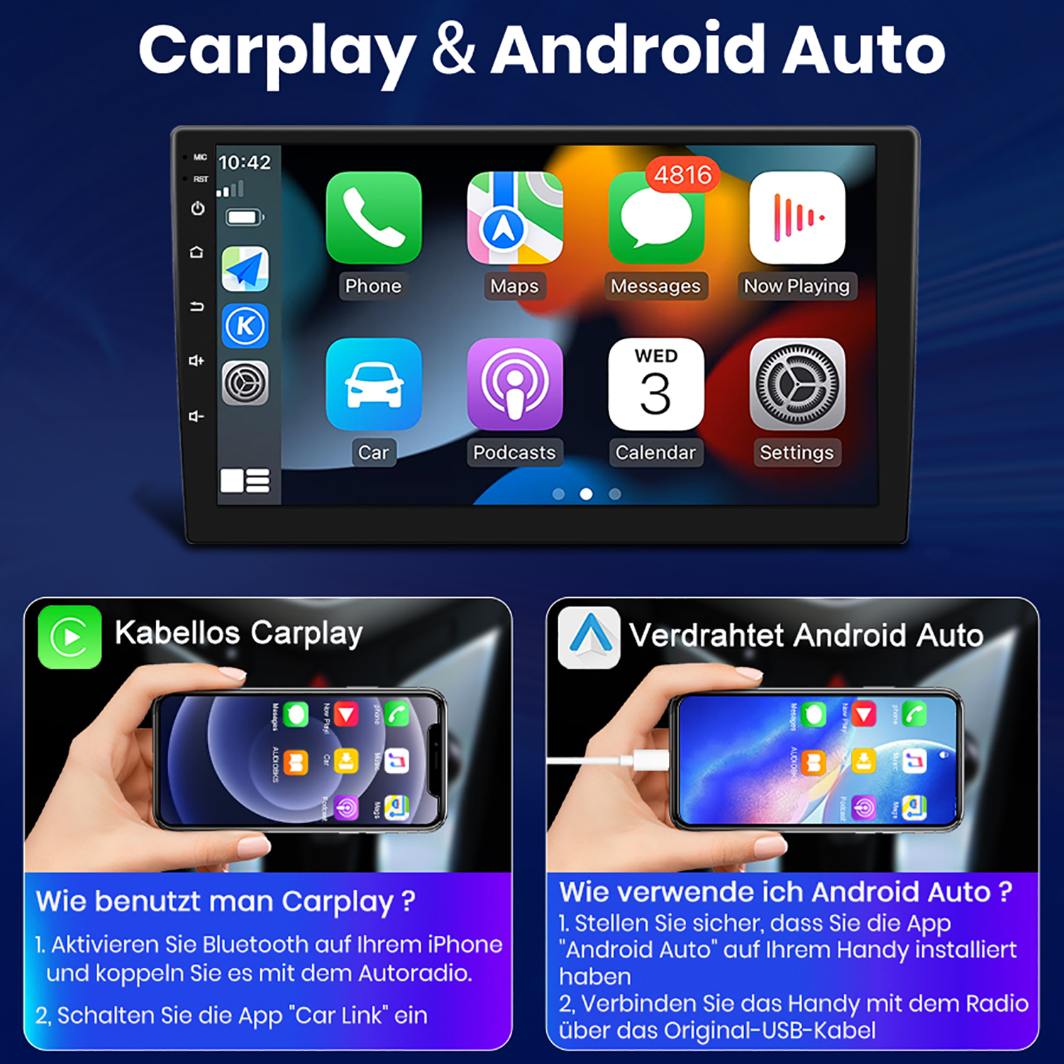 Carplay- und Android Auto-Oberfläche wird auf einem Autoradio angezeigt. Zwei Telefone werden mit Anweisungen gezeigt.