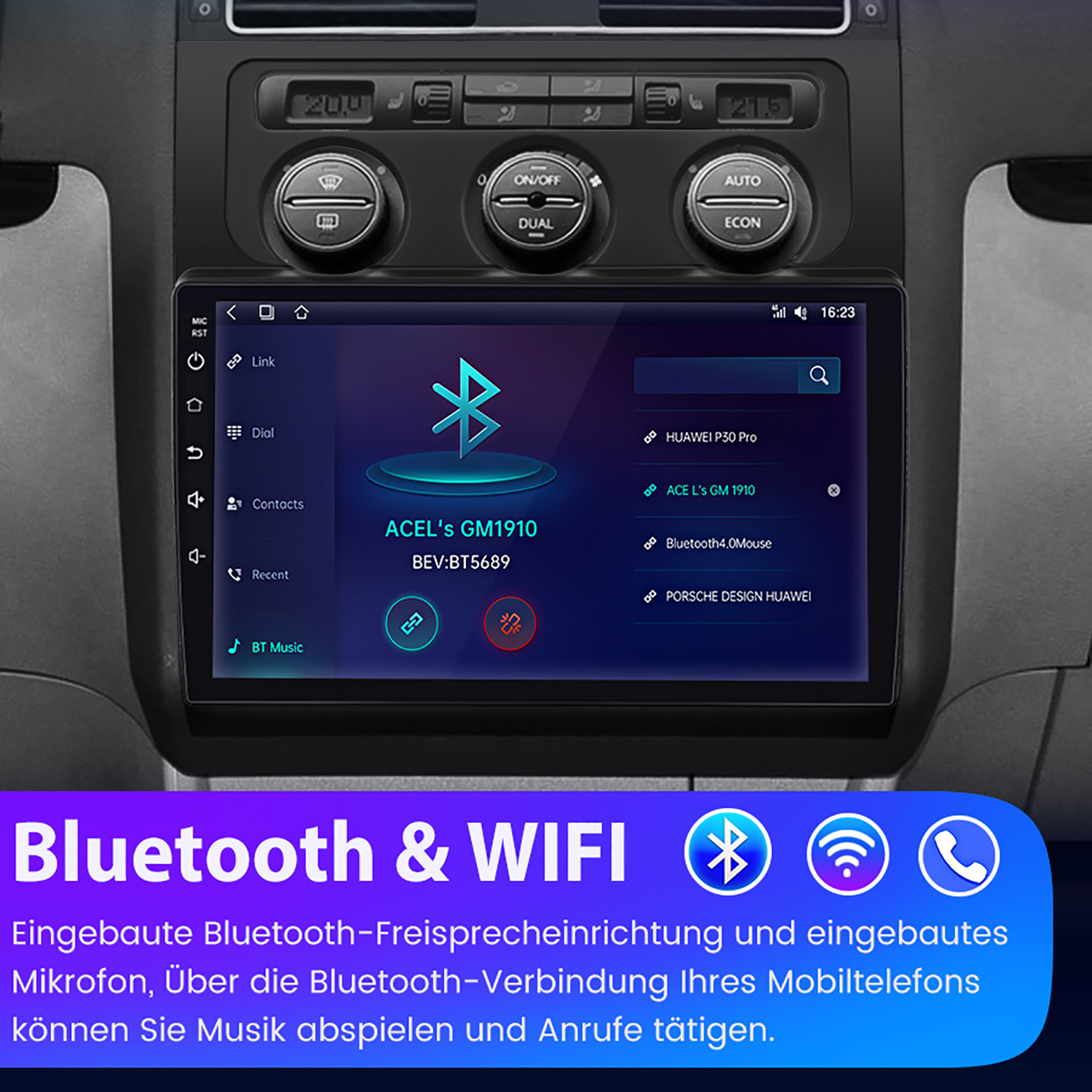Autoradio mit Touchscreen-Display, das das Hauptmenü anzeigt. Es hat Bluetooth- und WLAN-Konnektivitätsoptionen.