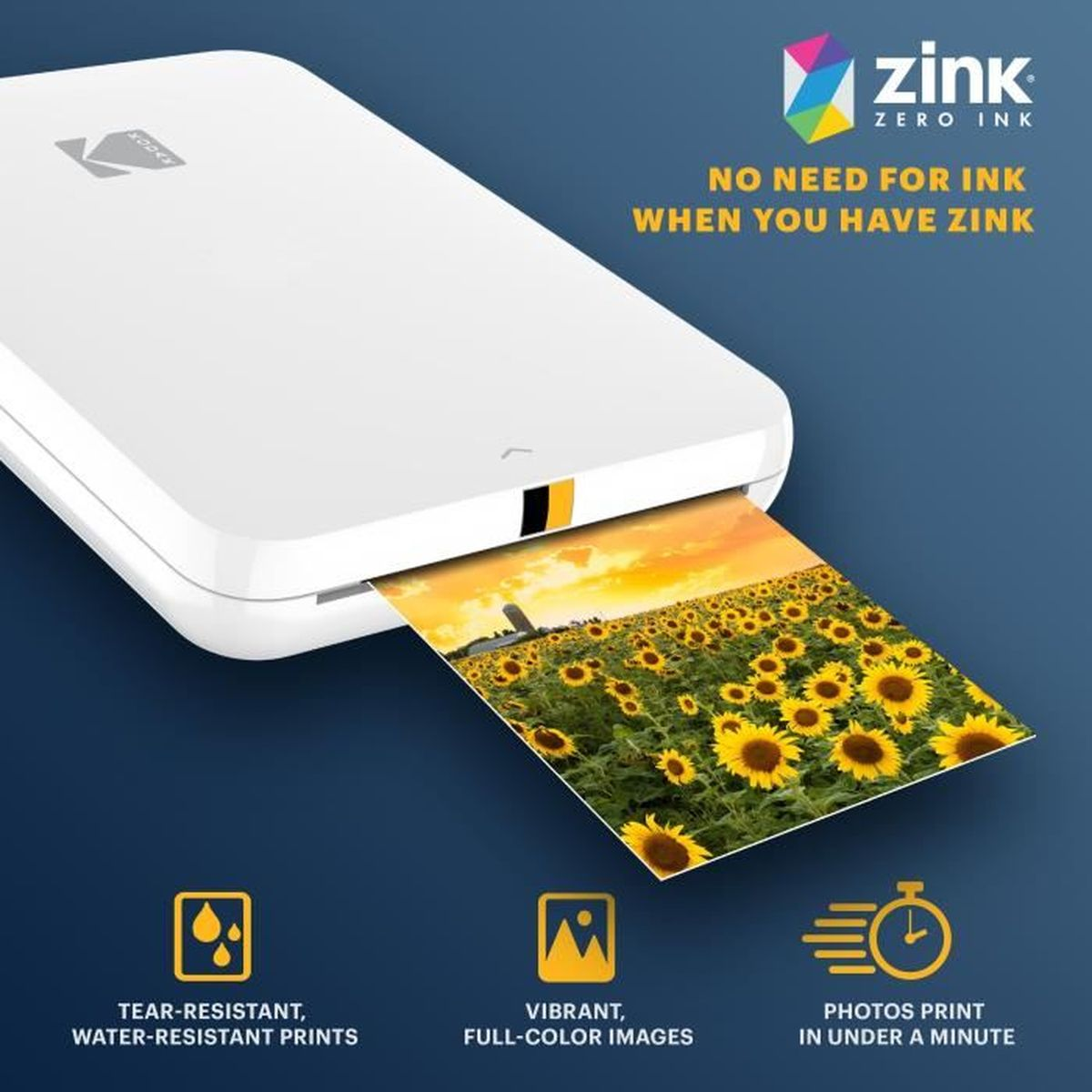 Una stampante bianca che stampa un'immagine di un campo di girasoli. Il testo dice 'ZINK ZERO INK' ed evidenzia le stampe resistenti all'acqua.