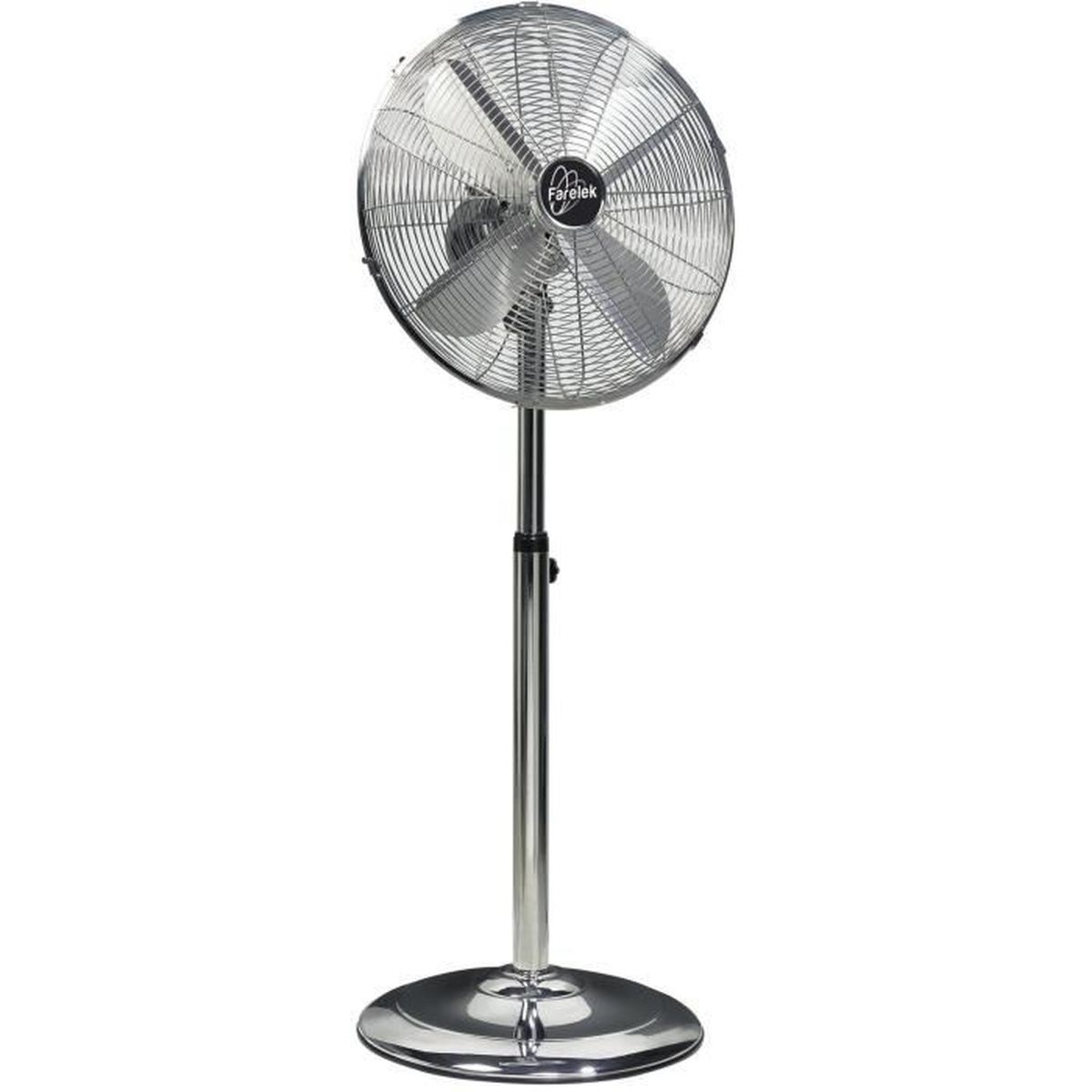Ein silberner Standventilator mit rundem Sockel. Der Ventilator hat fünf Flügel.